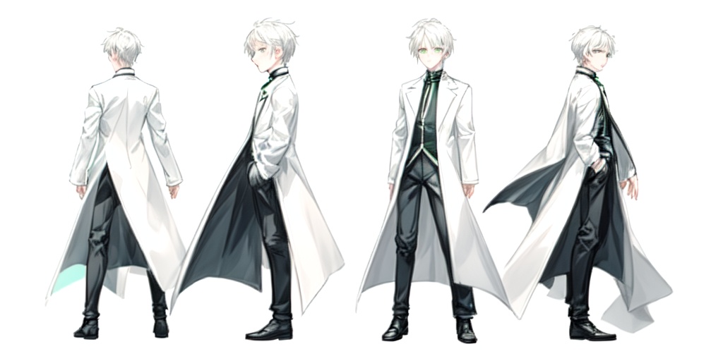 masterpiece,best quality,1boy,simple background,(white background:1.5),multiple views,white coat,white hair,green eyes,black shirt,<lora:add_detail:1>,<lora:charturnbetalora:0.2>,