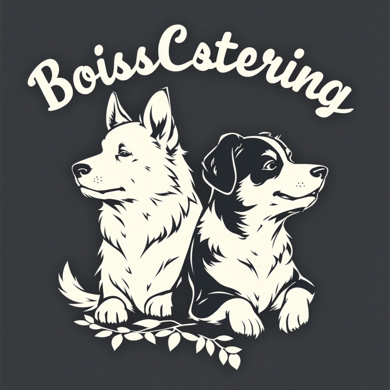 a logo,a vintage-style logo for a catering service named '****',two dogs,a cute White Swiss Shepherd Dog,a cute Bernese Mountain Dog,and the text is in bold,white font,<lora:熊猫动漫画风logo (2):1>,