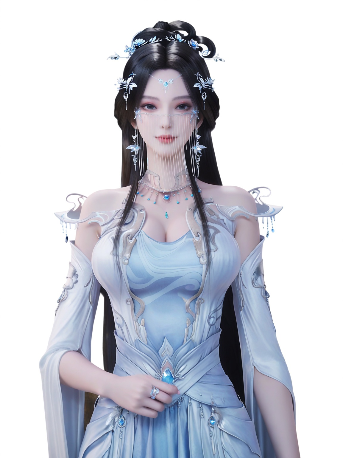 score_9,<lora:SF_AnMiaoYi2_Pony_Realism2.3-000003:0.7>,hair ornament,black hair,dress,long hair,eyeshadow,1girl,breasts,large breasts,dress,gem,necklace, forehead jewel,facial accessories,solo,looking at viewer,white background,simple background,cowboy shot,