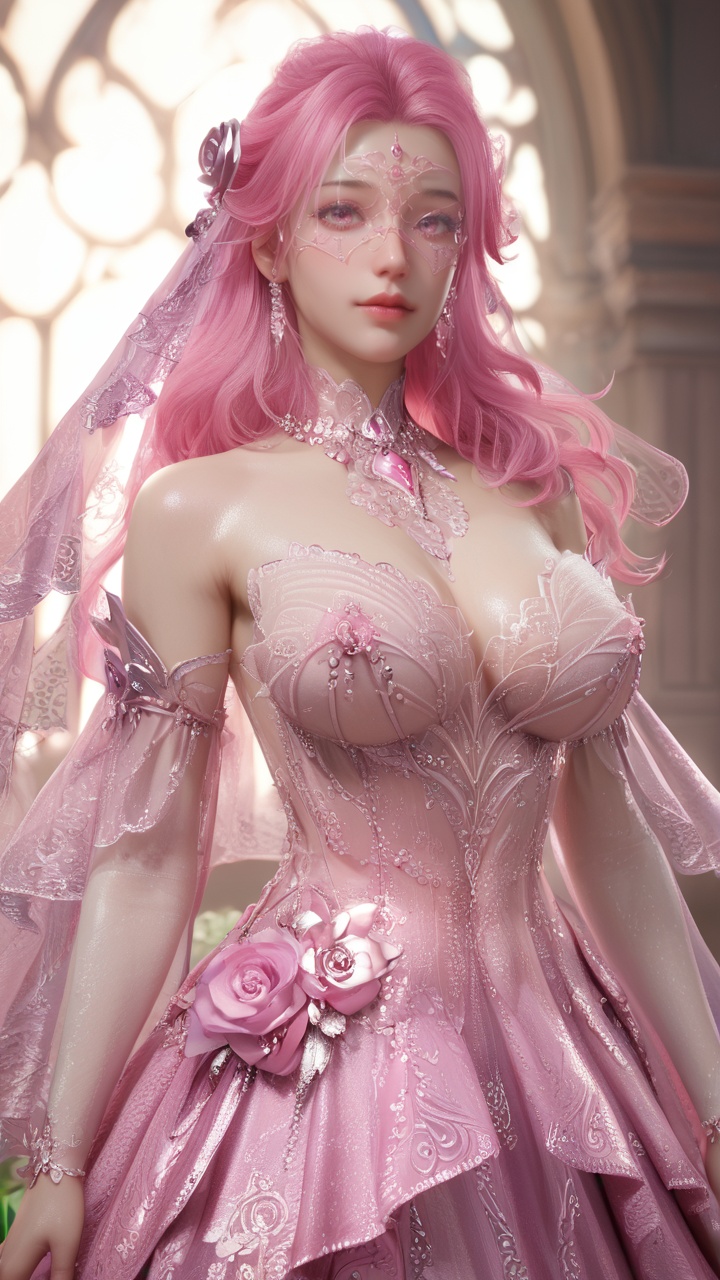 supermodel,score_8_up,score_7_up,hyperdetailed,hyperrealistic,volumetric lighting,focus on face,textured skin,eye lighting,SkinHairDetail,zPDXL,very attractive,Expressiveh,realistic skin,score_9,score_8_up,score_9,score_8_up,1 girls,high cold face,yujie,perfect round large,breasts,jewelry,beautiful eyes,detailed eyes,shiny_skin,<lora:1wphj:0.8>,bare shoulders,detached sleeves,dress,flower,hair ornament,jewelry,long hair,pink dress,pink hair,rose,see-through,veil,