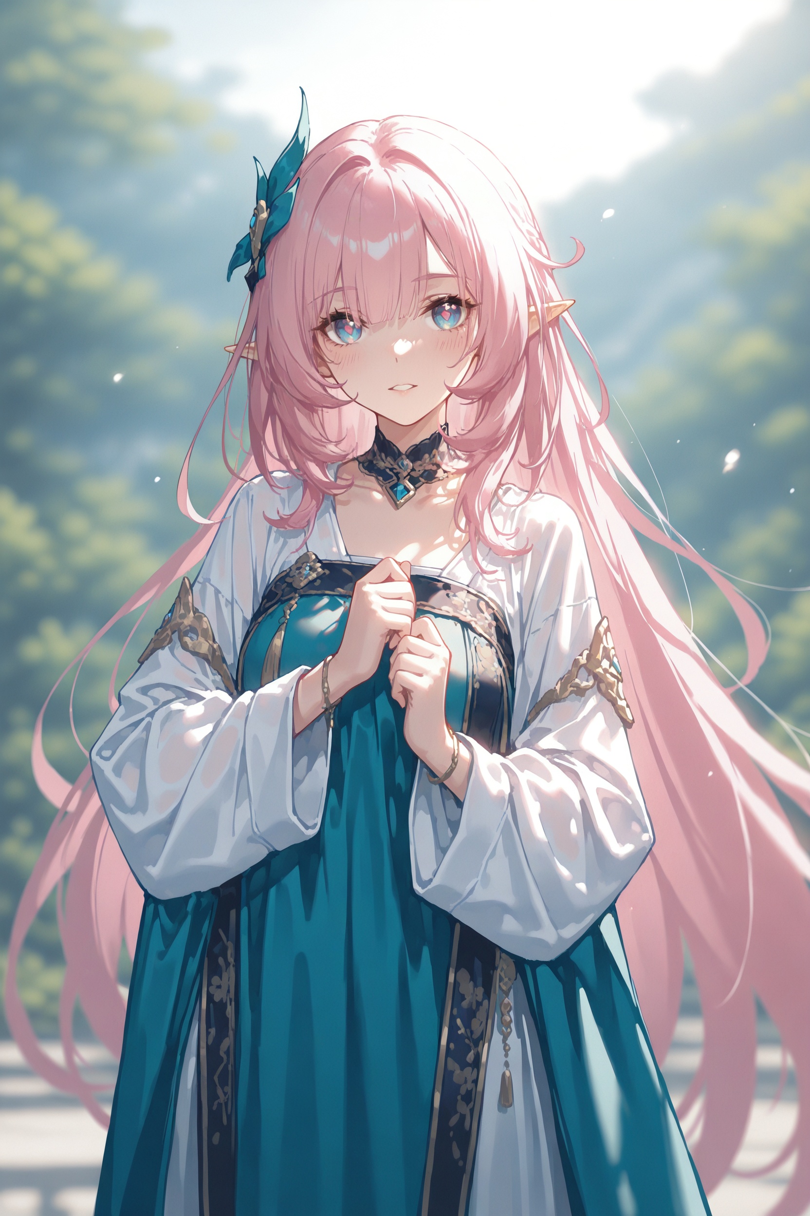 (illustration:1.1),detailed,detailed background,.,.,general,.,.,1girl,cowboy shot,elysia \(honkai impact\),blush,jewelry,day,<lora:RE162-000016:0.77>,tangfu,qixiong ruqun,, very awa, masterpiece, best quality, highres, absurdres,