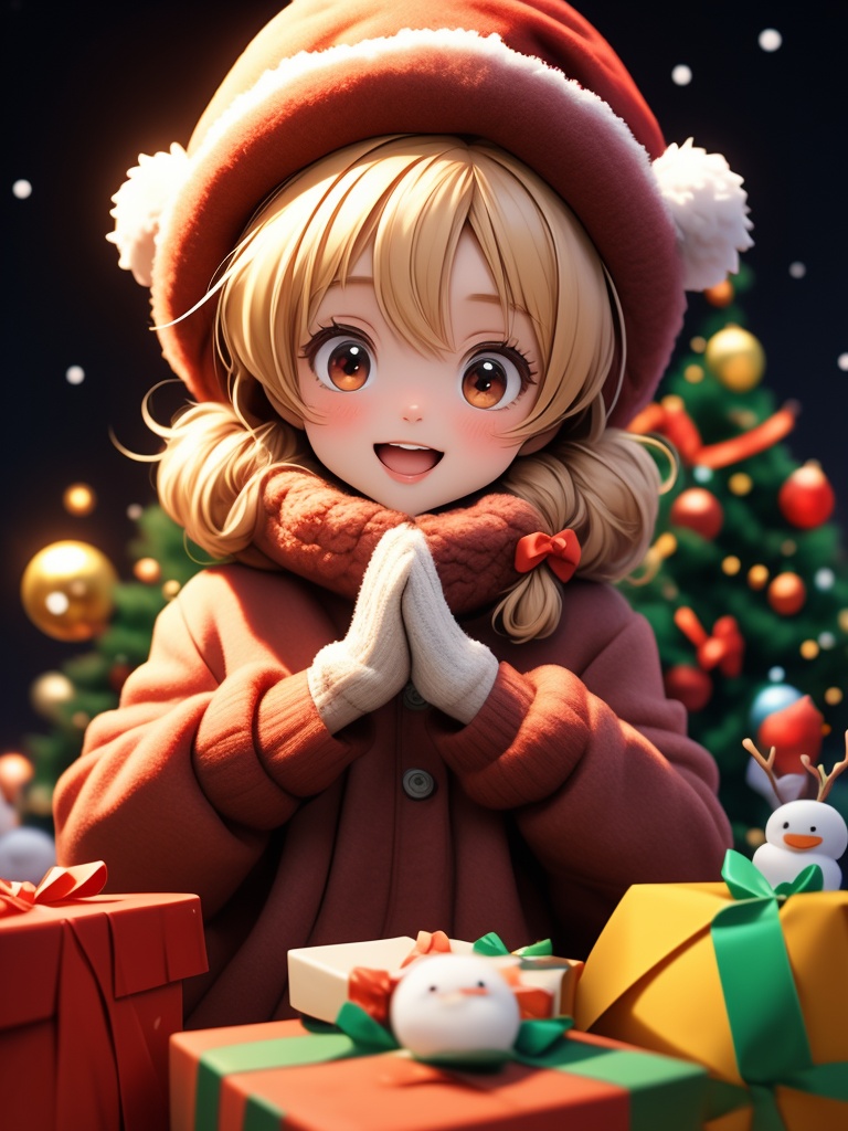 ltra-detailed,(best quality),((masterpiece)),(highres),original,extremely detailed 8K wallpaper,(an extremely delicate and beautiful),anime,\\,BREAK1girl, snowman, gift, christmas, solo, looking at viewer, hat, open mouth, smile, ahoge, mittens, gloves, food, twintails, scarf, blonde hair, candy, dress, red eyes, bow, christmas tree, ribbon, orange eyes, fur trim, :d, box, bell, red headwear, coat, long sleeves