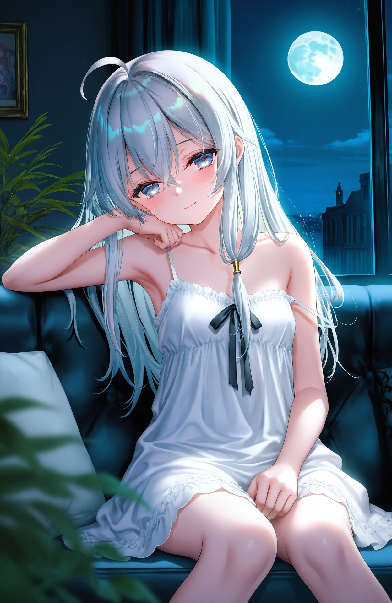 asterpiece,absurdres,best quality,high quality,chromatic_aberration,Night,darkness,black theme,shy,embarrass,endured_face,nsfw,//,1girl,solo,ahoge,elaina (majo no tabitabi),long hair,looking at viewer,sitting,smile,grey hair,indoors,grey eyes,couch,white dress,dress,window,blush,moon,collarbone,black ribbon,closed mouth,strap slip,curtains,nightgown,blue eyes,night,head rest,full moon,half-closed eyes,hair between eyes,arm rest,bare shoulders,moonlight,blurry,on couch,spaghetti strap,white camisole,camisole,ribbon,blue hair,off shoulder,sleepwear,sleeveless,white hair,straight hair,plant,sundress,bare arms,light smile,head tilt,blurry foreground,//,gawako,atdan,machi_(machi0910),torino_aqua,izumi_tsubasu,[as109],ke-ta,sho_(sho_lwlw),rhasta,tidsean,chiaroscuro,wlop,toosaka_asagi,nixeu,[chen_bin],jima,//,highres,HDR,8K,high contrast,illustration,depth of field,(colorful),Tyndall effect,contrast,lens flare,