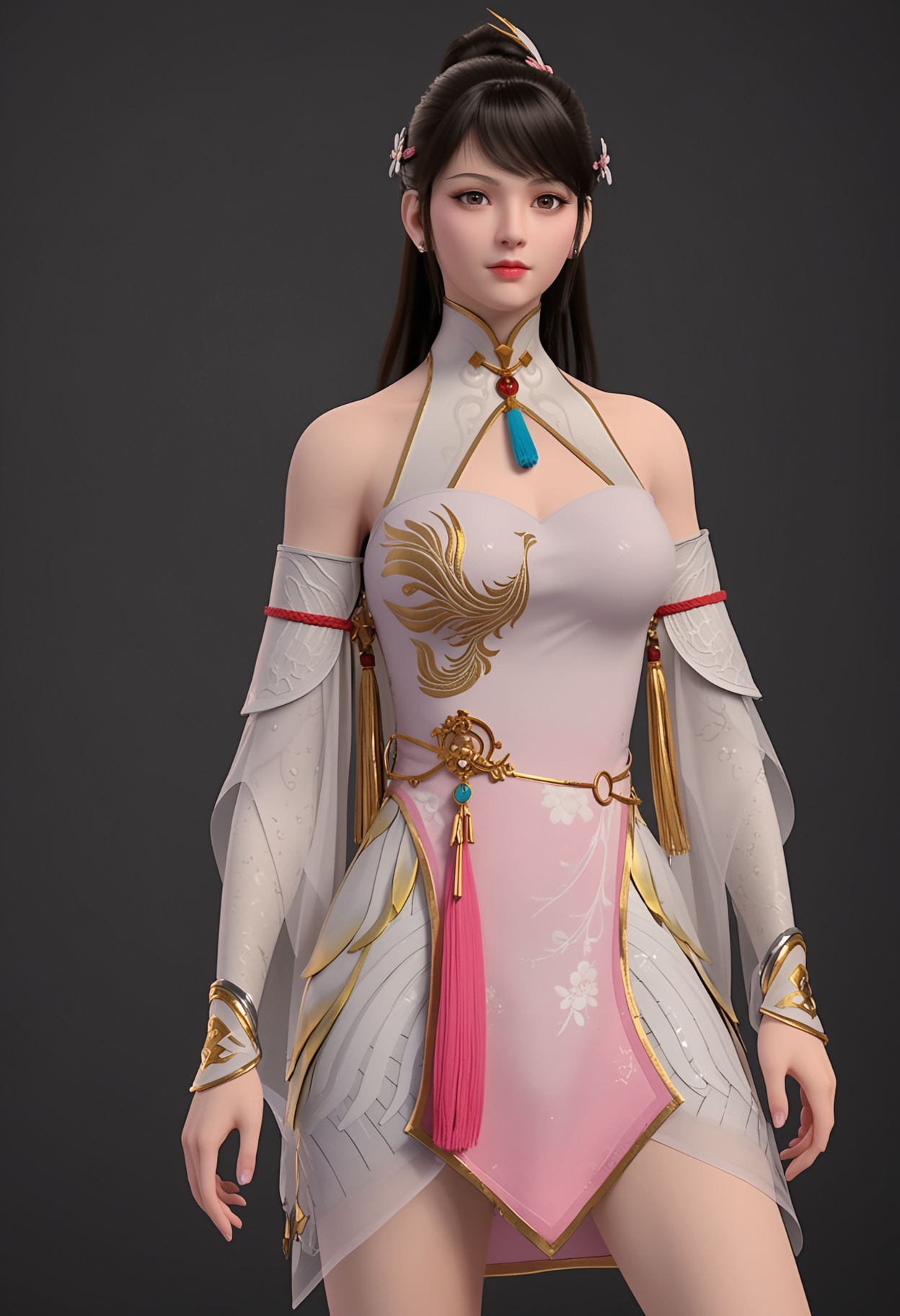 (perfect_anatomy:1.1),(upper_body:1.1),<lora:YQ_pony_cangyuegongzhu_V4:0.8>,q1528437228,1girl,solo,long hair,hair ornament,black hair,dress,jewelry,bare shoulders,chinese clothes,ponytail,white dress,detached sleeves,earrings,china dress,brown eyes,brown hair,realistic,breasts,clothing cutout,hair flower,lips,cleavage cutout,boots,hair bun,knee boots,white footwear,bracelet,makeup,red lips,swept bangs,see-through,pink dress,black eyes,sleeveless,(looking_at_viewer:1.1),perfect_anatomy BREAK perfect_anatomy,solo focus,(score_9:1.2),masterpiece,(best quality:1.1),(simple background,pure black background,black background:1.1),perfect_anatomy,