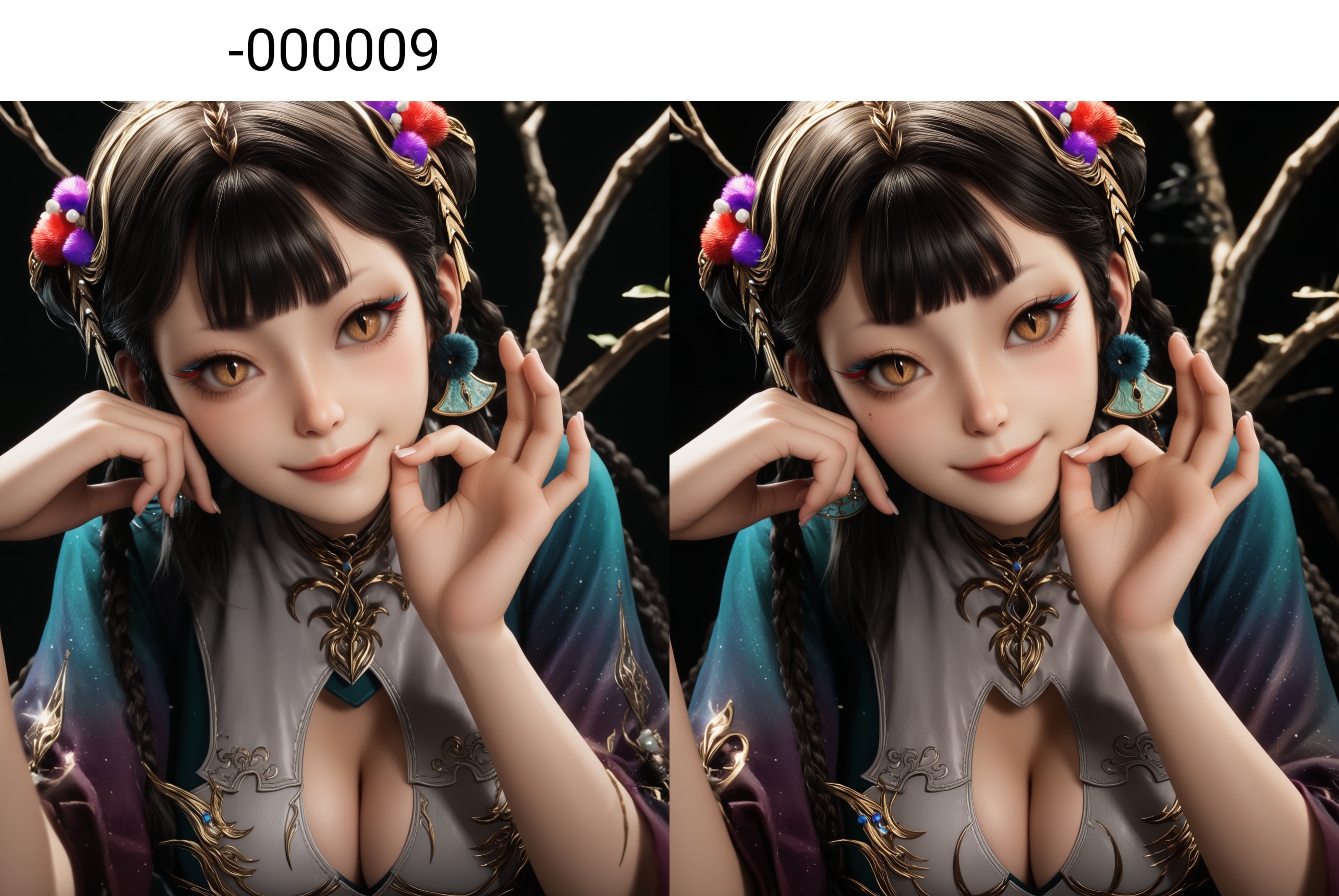 (score_9),masterpiece,best quality,absurdres,highres,BREAK(glamor:1.1),slender,white_skin,(fair_skin:1.1),collarbone,(large breasts),puffy chest,cleavage,<lora:仙清儿-ill-000009:0.83>,1girl,solo,black hair,braid,hair ornament,long hair,earrings,slit pupils,brown eyes,mole under eye,bangs,light blush,(seductive_smile:1.1),looking at viewer,(upper body),ok sign,BREAKblack background,branch,twig,