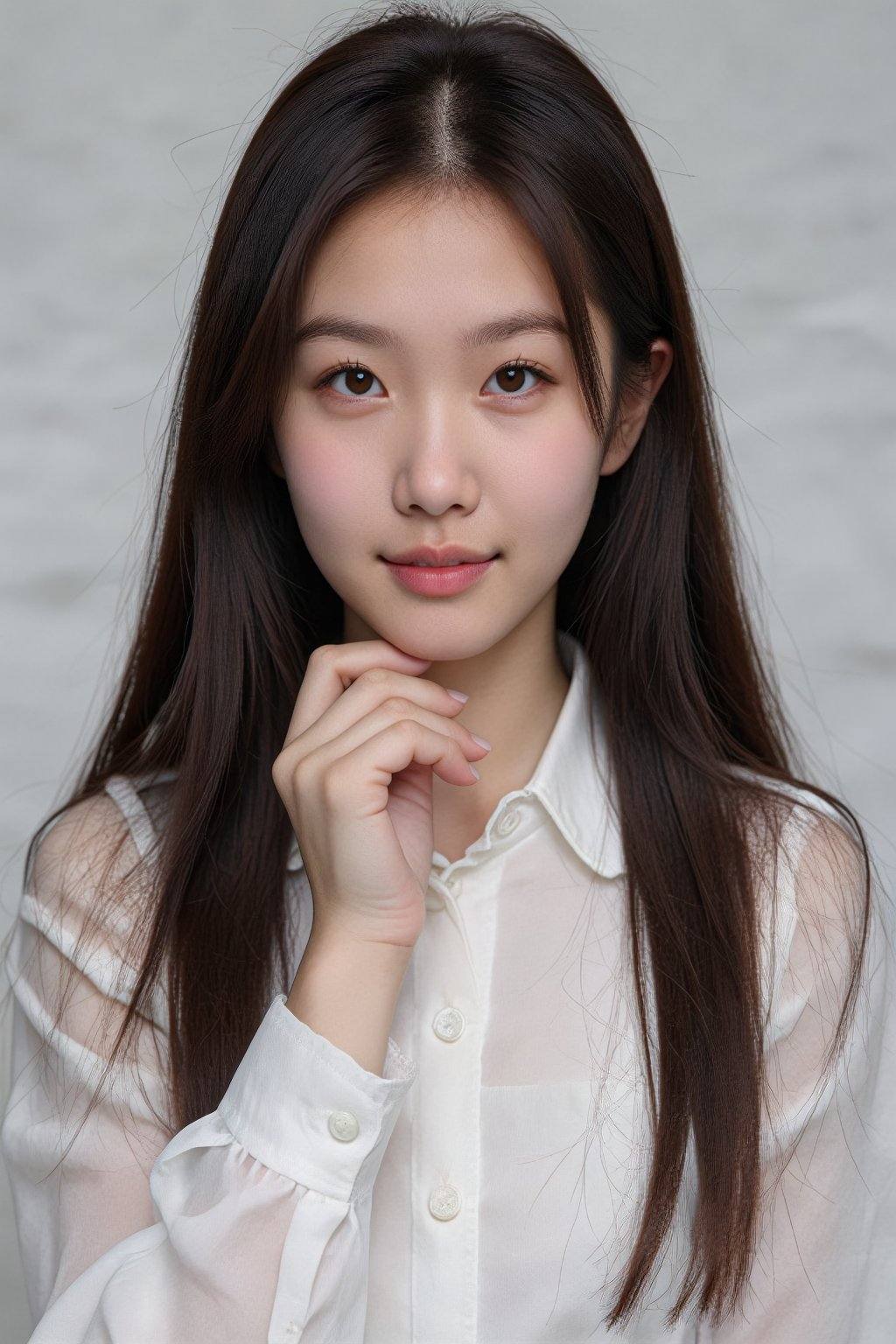 This is a photograph of an East Asian woman with long,  straight,  dark brown hair cascading past her shoulders. She has f...