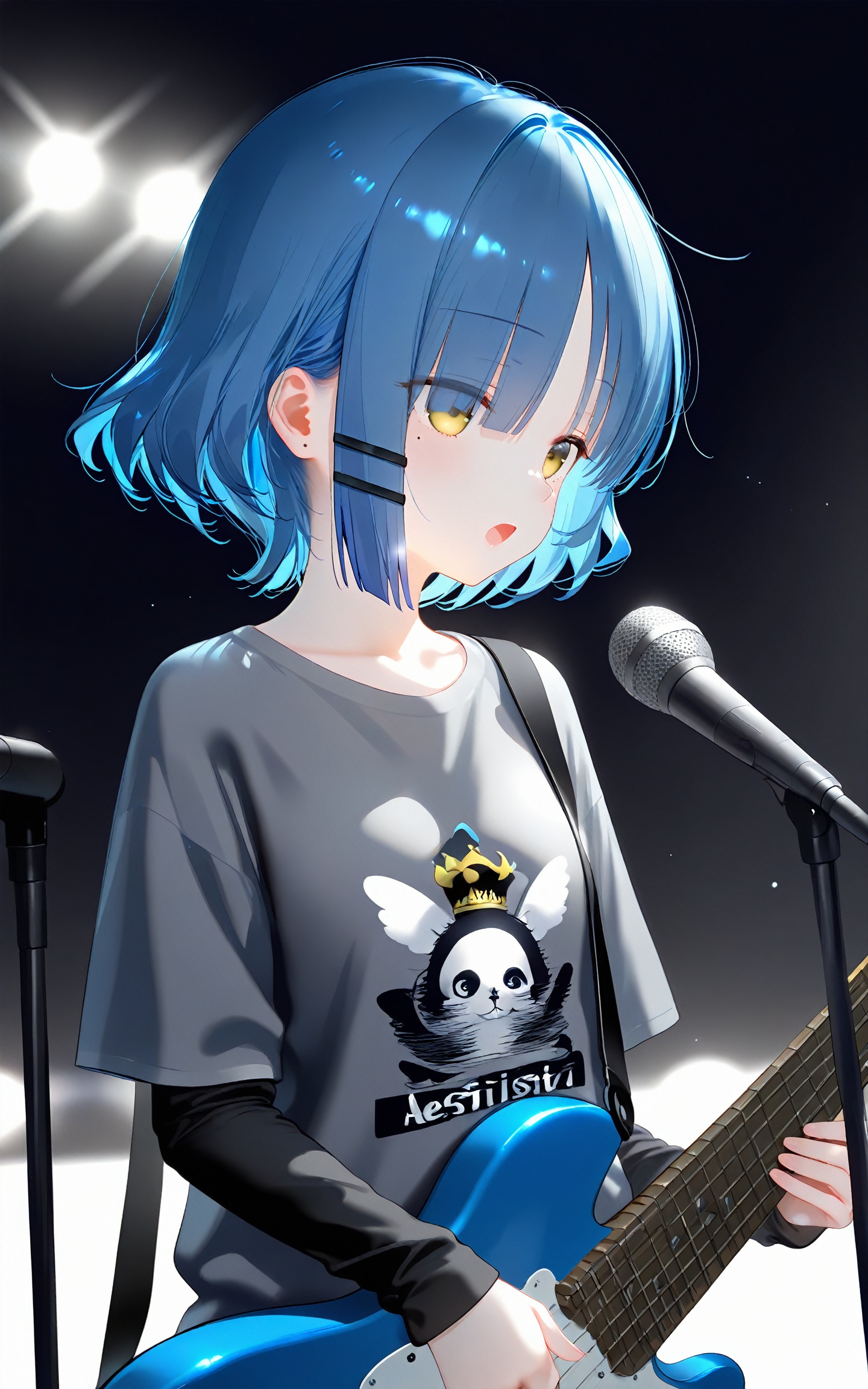 masterpiece,best quality,high quality,loli,overexposure,chromatic_aberration,light,fair_skin,//,yamada ryo,1girl,blue hair,bass guitar,microphone stand,instrument,solo,microphone,yellow eyes,shirt,short hair,white background,music,mole,simple background,holding instrument,mole under eye,holding,hair ornament,black shirt,long sleeves,eyes visible through hair,grey shirt,t-shirt,guitar,hairclip,upper body,collarbone,layered sleeves,open mouth,short sleeves,playing instrument,short over long sleeves,singing,//,very aesthetic,absurdres,newest,masterpiece,safe,amazing quality,(aestivation:2.4),(nasii:0.4),(toosaka asagi:0.4),(atdan:0.4),(iumu:0.72),(wlop:0.72),96YOTTEA,Konya Karasue,omone_hokoma_agm,//,official art,depth of field,detailed light,blurry background,best shadow,shiny skin,cinematic lighting,ray tracing,amazing quality,very aesthetic,absurdres,beast quality,ultra detailed,newest,8K,HDR,