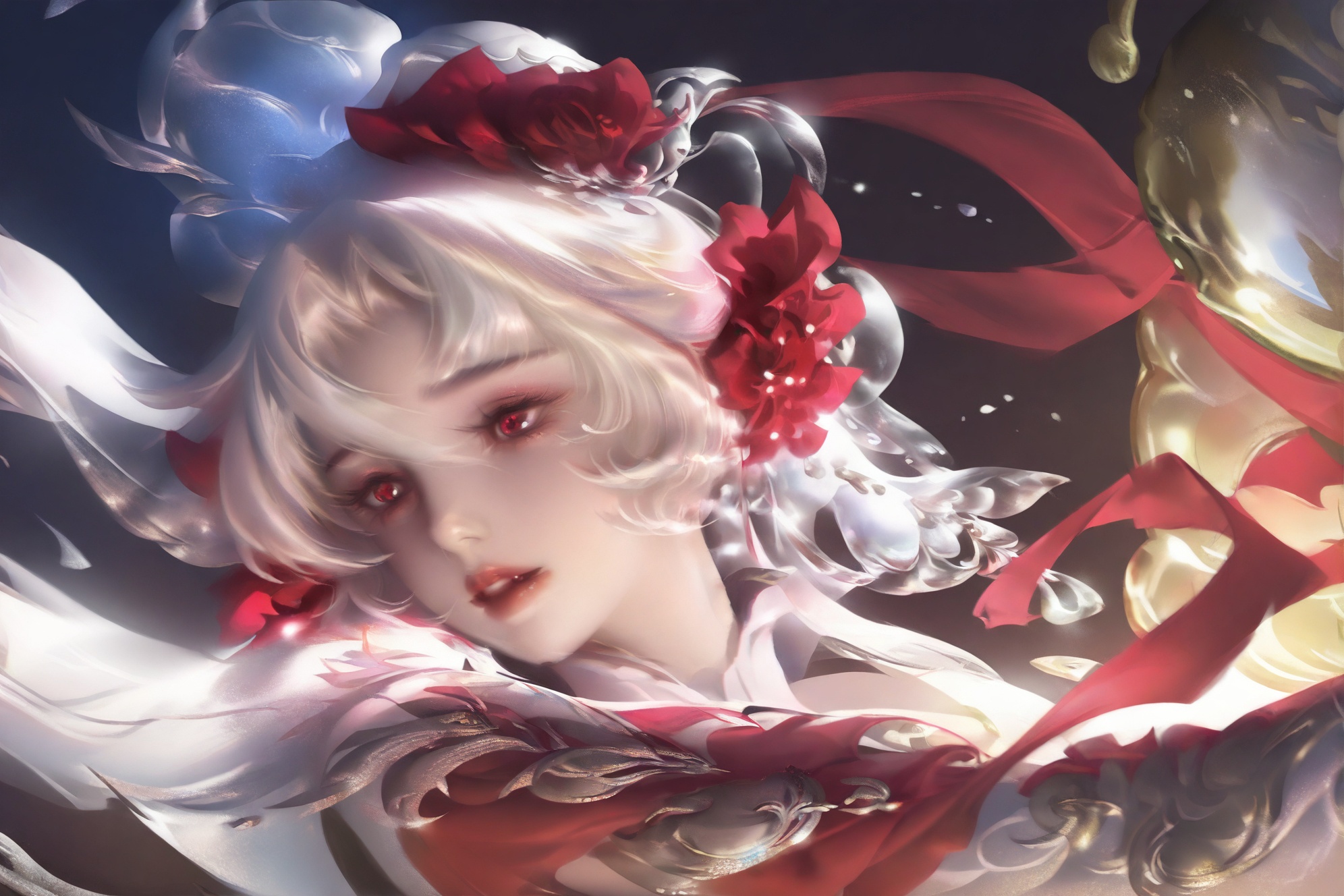 Elaborate character illustrations,layering,diffused gradient,rich and layered colors. Blurred dark background,dim and cold atmosphere. A red wedding dress bride,with a red veil on her head,fingers wrapped in red threads,strange folk style,red threads,small copper coins,sense of movement,mystery,atmosphere fully achieved,blurred mist,cool color scheme. Complex hanging,contrast between light and shadow in the picture. Blurred red threads in the foreground. Tilting composition,overhead angle.,