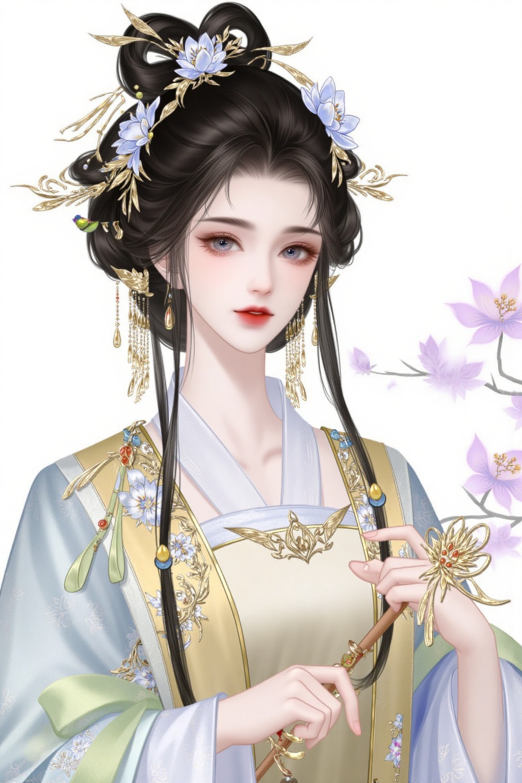 gufeng_style,wenyou,gufeng_style,female,solo,black hair,hair accessories,long sleeves,hug,jewelry,beautiful big eyes,upper body,flowers,earrings,wide sleeves,hair bun,makeup,Chinese clothing,insects,plants,hand fan,red lips,updo,Hanfu,Color temperature:-100,messy hair,impactful visuals Perfect composition,she has delicate facial features and perfect body proportions,with an anime style aesthetic. The character design is very detailed Contrast,layered colors,vivid colors,contrast,official art,movie perspective,very beautiful,depth of field,crazy interaction between light and shadow,highly refined,ultra-high resolution,32K UHD,clear focus,best quality,masterpiece,emotional,non-traditional masterpiece,exquisite details,gentle atmosphere,high-end texture,Chinese New Year,festive atmosphere,Gorgeous Hanfus,Simple background,white background,