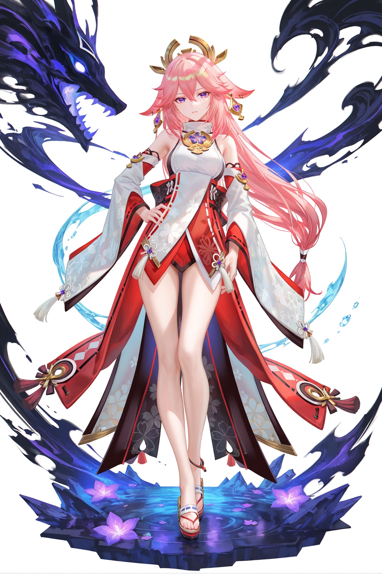 8k,best quality,masterpiece,(ultra-detailed),(high detailed skin),((artist:reoen),(artist:fuzichoco),(artist:atdan),(artist:torino_aqua),year 2024:0.8)1girl,[artist:wlop],[artist:ningen_mame],artist:ciloranko,[[artist:rhasta]],artist:tidsean,colorful,full body,full shot,standing,looking at viewer,(solo:1.2),simple background,(white background:1.2),hand on own hip,(white background:1.1),<lora:mdshenzi-noob-Tanger-000013:0.8>,Yae Miko,Yae Miko \(genshin impact\),clothes: shenzi def japanese clothes,1girl,detached sleeves,purple eyes,pink hair,hair between eyes,long hair,sidelocks,jewelry,wide sleeves,animal ears,bangs,earrings,