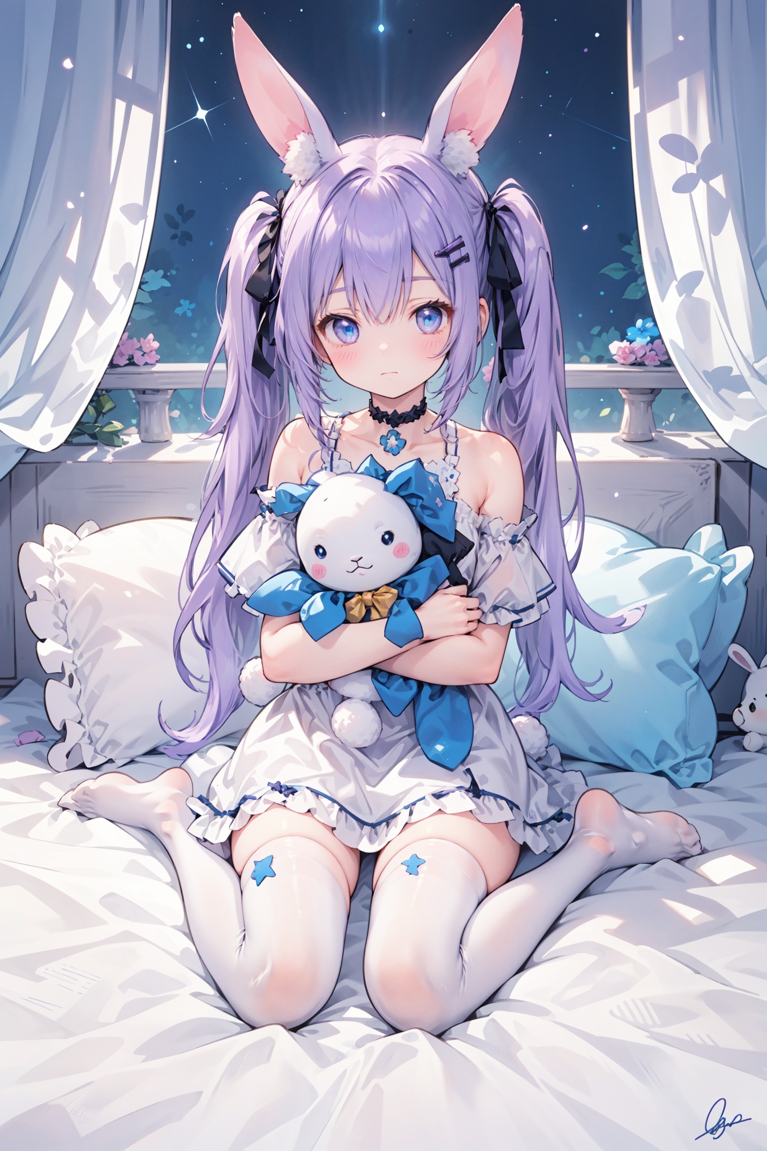 full body,(beautiful detailed face, beautiful detailed eyes) ,white dress,white thighhighs1girl, solo, twintails, sitting, wariza, bangs, bow, blush, bandaid, hairclip, signature, pillow, collarbone, choker, holding, frills, babydoll, ribbon, animal ears, stuffed toy, stuffed animal, stuffed bunny, blue eyes, long hair, hair ornament, rabbit ears,object hug,  no shoes, purple hair, looking at viewer, very long hair, low twintails, bare shoulders,closed mouth, holding stuffed toy, hair bow, full body, bed sheet, star (symbol), hair ribbon