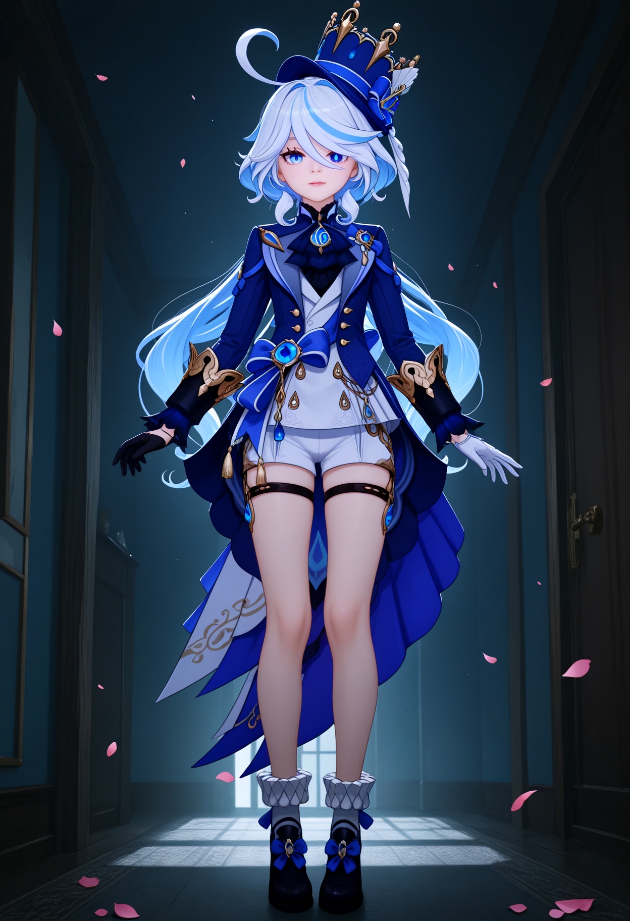 (full_body:1.1),(looking at viewer:1.1),facing viewer,direct gaze,(masterpiece:1.1),(best quality:1.2),(intricate details),(smog:1.3),(Dark room:1.3),(dim lighting:1.3),peach blossom,falling petals,<lora:YQ_Illustrious光辉二次元V1_芙宁娜_V1:0.8>,1girl,q1528437228,furina (genshin impact),blue headwear,hat,multicolored hair,jacket,ascot,blue ascot,long hair,white hair,heterochromia,gloves,asymmetrical gloves,mismatched pupils,short shorts,thigh strap,footwear,masterpiece,(best quality),(intricate details:0.9) BREAK (intricate details:0.9),(realistic skin:1.2),masterpiece,best quality,newest,absurdres,hiahres,