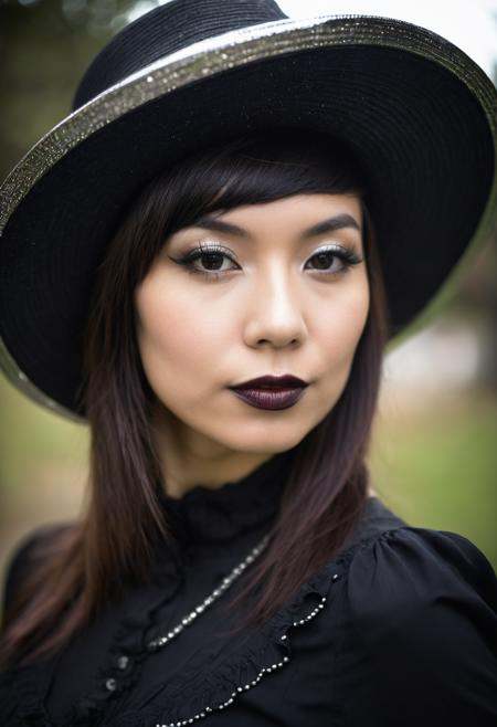 A woman wearing a hat poses for a picture, in the style of oshare kei, black, wide lens, shiny/ glossy, solapunk, dark silver, rim light
