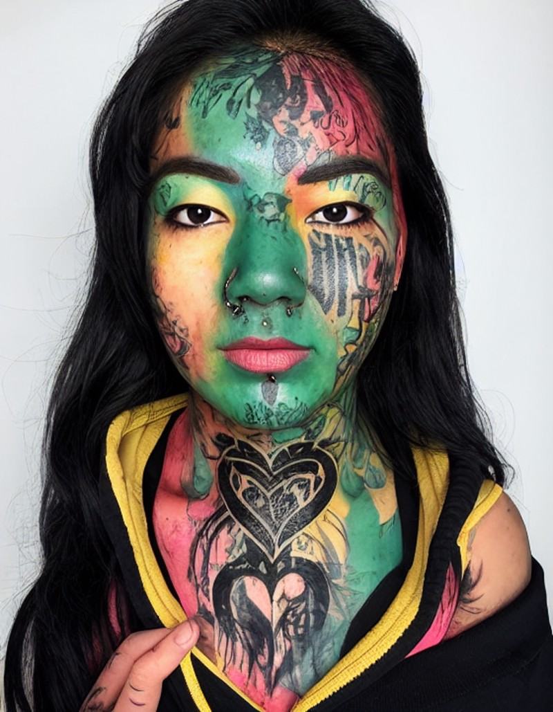 a close up of a 1girl,  with tattoozfcs on their face and a person and a person with tattoozfcs on their face,  dragon ski...