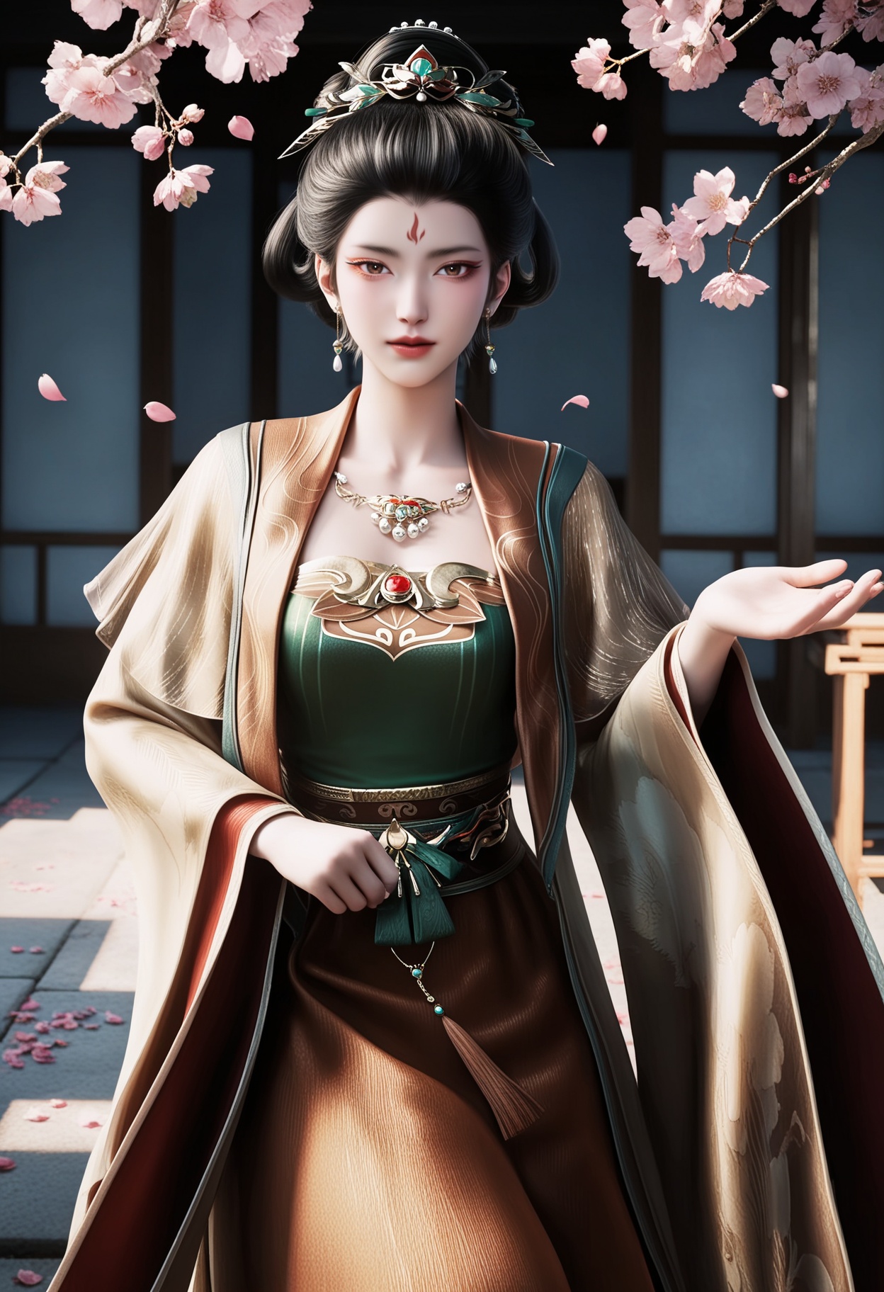 masterpiece,best quality,amazing quality,very aesthetic,high resolution,ultra-detailed,absurdres,scenery,photorealistic,(looking at viewer:1.1),(Dark room:1.3),(moody lighting:1.1),peach blossom,falling petals,(large breasts:0.8),dalitaihou,1girl,solo,black hair,jewelry,earrings,chinese clothes,hair ornament,forehead mark,realistic,necklace,hair bun,dress,long sleeves,updo,hanfu,hair rings,brown eyes,makeup,wide sleeves,shoes BREAK photorealistic details,<lora:QQSilldalitaihouV1:0.8>,