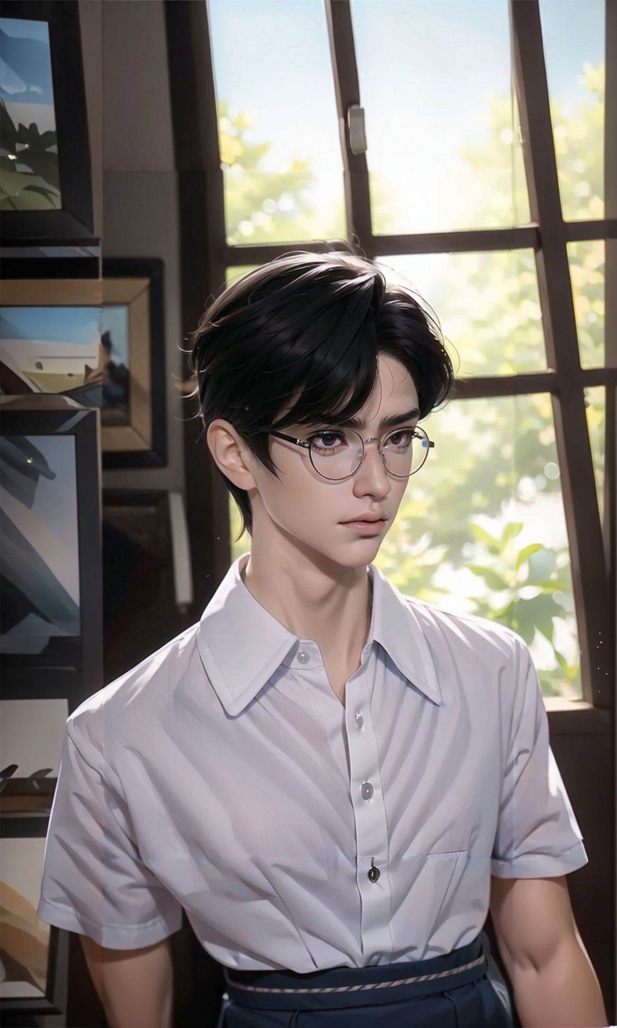 (Masterpiece:1.2), (best quality:1.2), (ultra high resolution:1.2), <lora:LovelyDoll3.0:0.65> solo, black hair, male focus, glasses, 1boy, window, realistic, blurry, blurry background, upper body, lips, black eyes, looking away