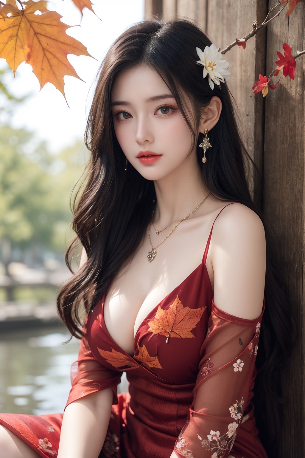 1girl,  autumn leaves,  bare shoulders by 可铯创意cosaer on Tensor.Art