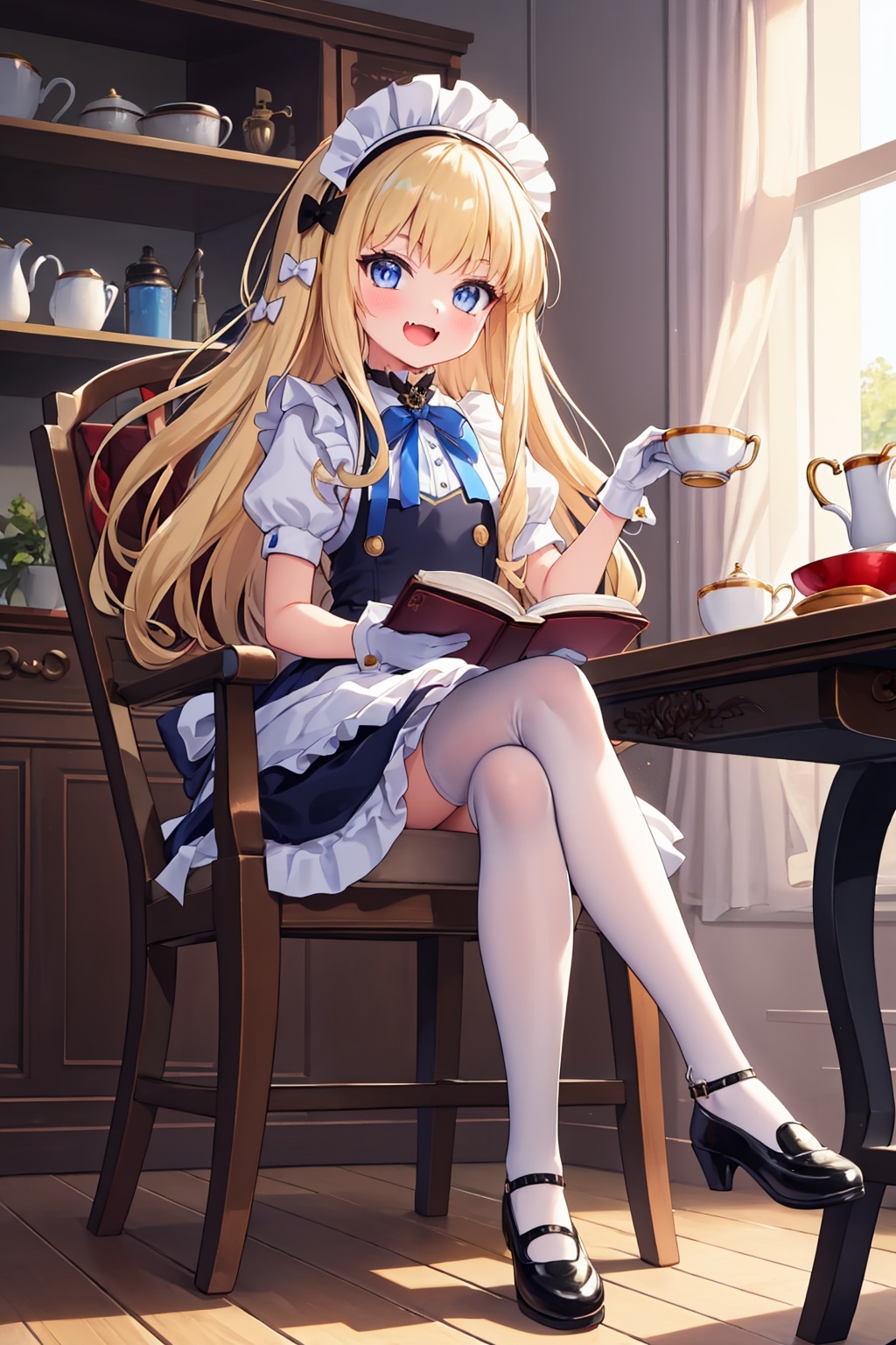 masterpiece,best quality, highly detailed, 1girl,blue dress,looking at viewer,maid,maid apron,maid headdress,official alternate costume,queen elizabeth (azur lane),solo,white apron,white gloves,holding cup,open mouth,sitting,teacup,bow,crossed legs,full body,high heels,white thighhighs,ankle strap,black footwear,chair,frilled apron,short sleeves,skin fang,holding book,open book,shoes,smile,table,<lora:queen_elizabeth_(azur_lane):1>