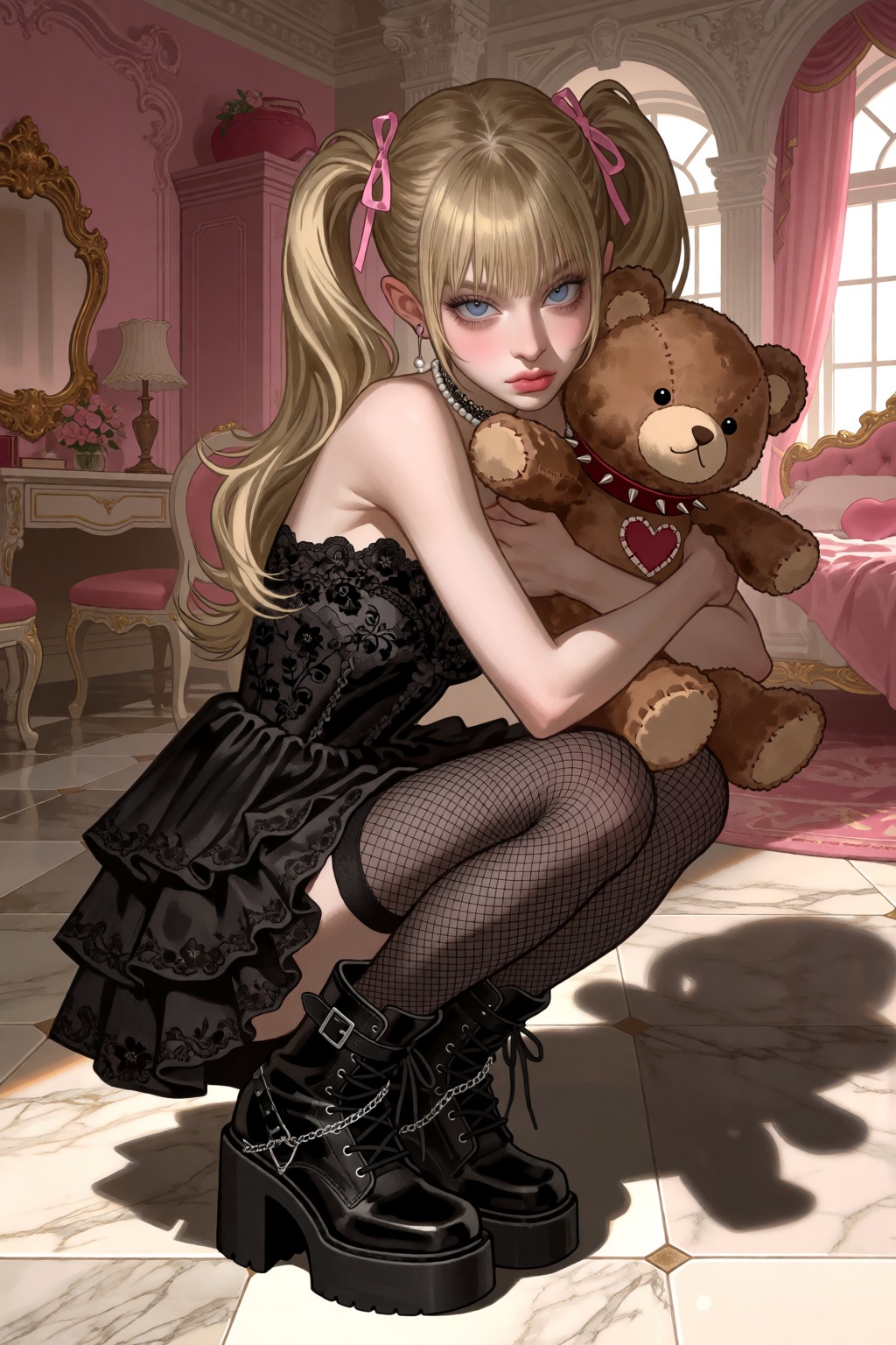 A young woman with blonde hair styled in high pigtails and bangs crouches while hugging a brown teddy bear.Subject: A youn...