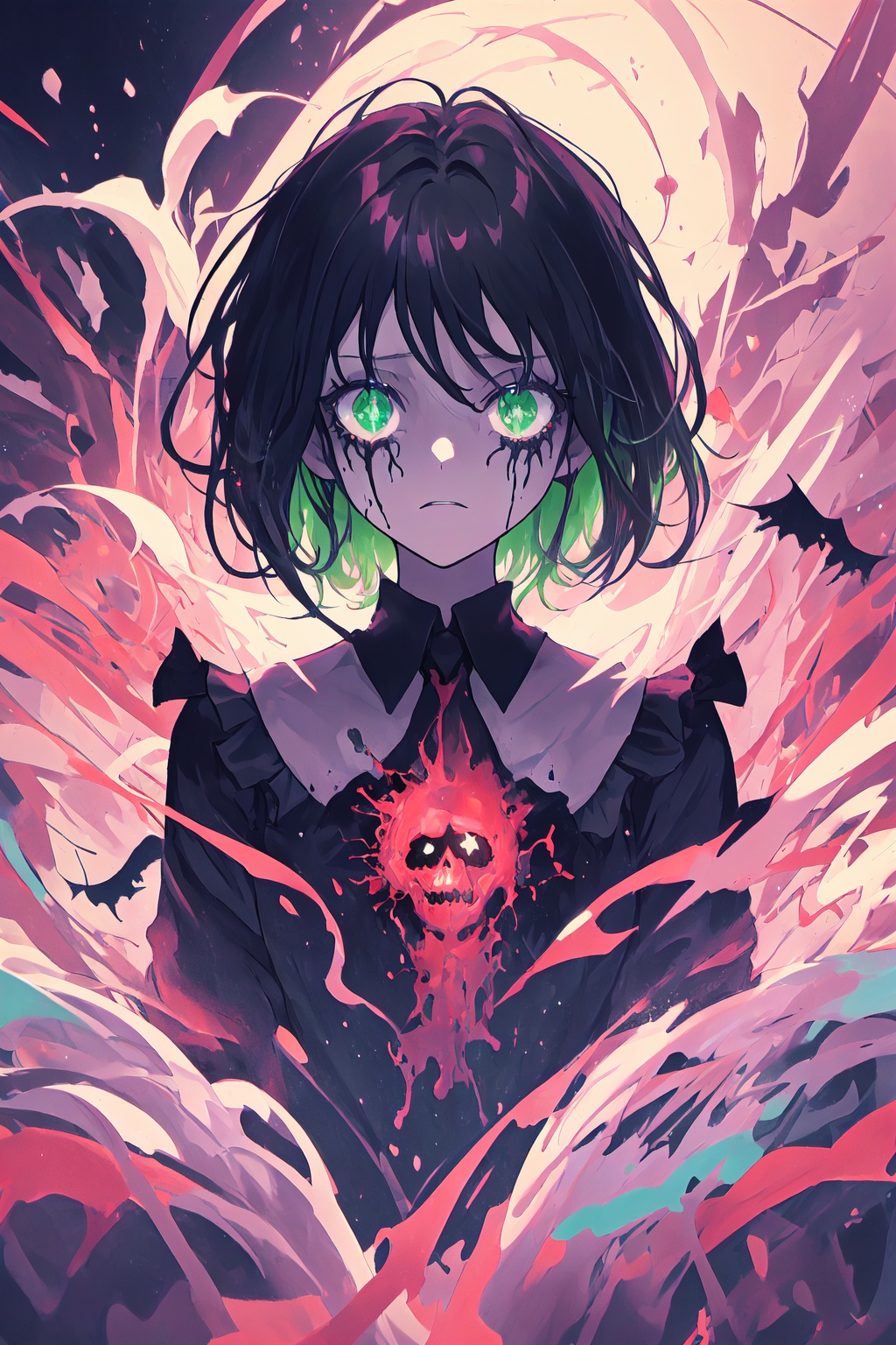 black hair,  short hair,  green eyes on Tensor.Art