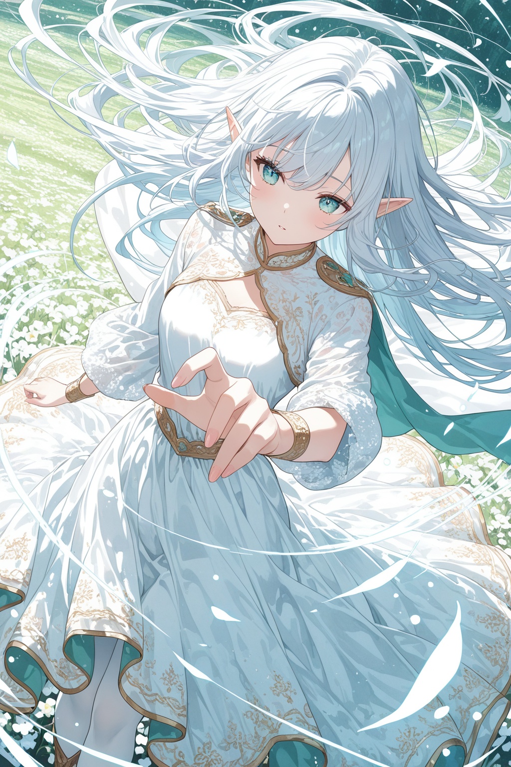 masterpiece,newest,absurdres,ultra detailed,intricate details,sharp focus,flat colors,crisp lines,well-lit,novel illustration,watercolor \(medium\),1girl,elf,perfect anatomy,wind,royal gown,layered tops,gold trim,cape,fine fabric emphasis,embroidered clothes,foreshortening,reaching towards another,green field,white theme,looking at another,dutch angle,