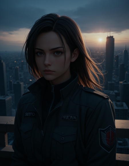 score_9, score_8_up, score_7_up,score_6_up, score_5_up,high detailed, 1girl,looking at the viewer,  techwear jacket, harness, serious expression, (urban rooftop:1.2), skyline blur, concrete edge, wind in hair, over-the-shoulder look, dusk sky, gritty tone, close-up details, slight lens flare