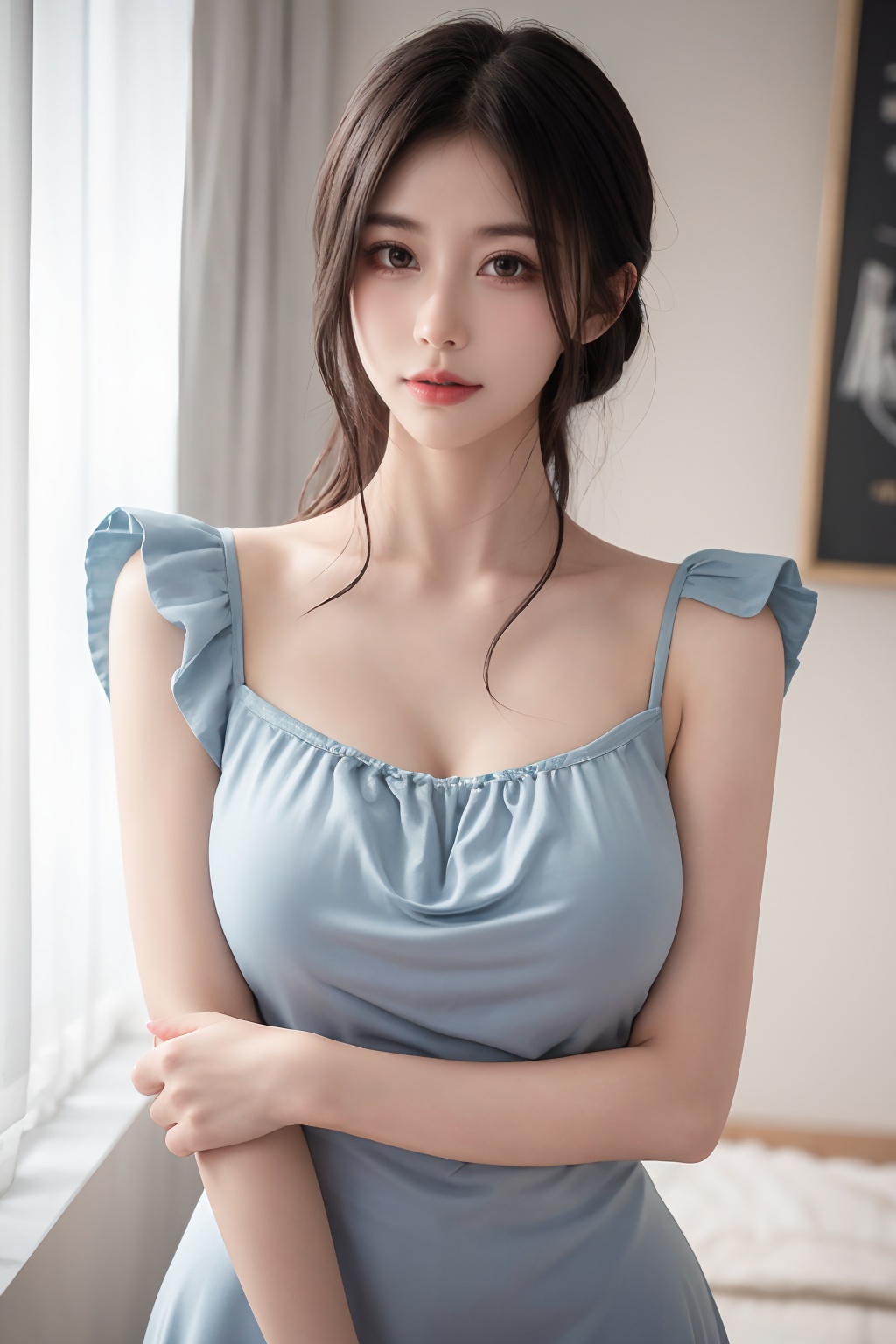 8k,RAW photo,best quality,masterpiece,realistic,1girl,large breasts,center frills,shirt,upper body,long_dress,<lora:晓晓2:0.6>,