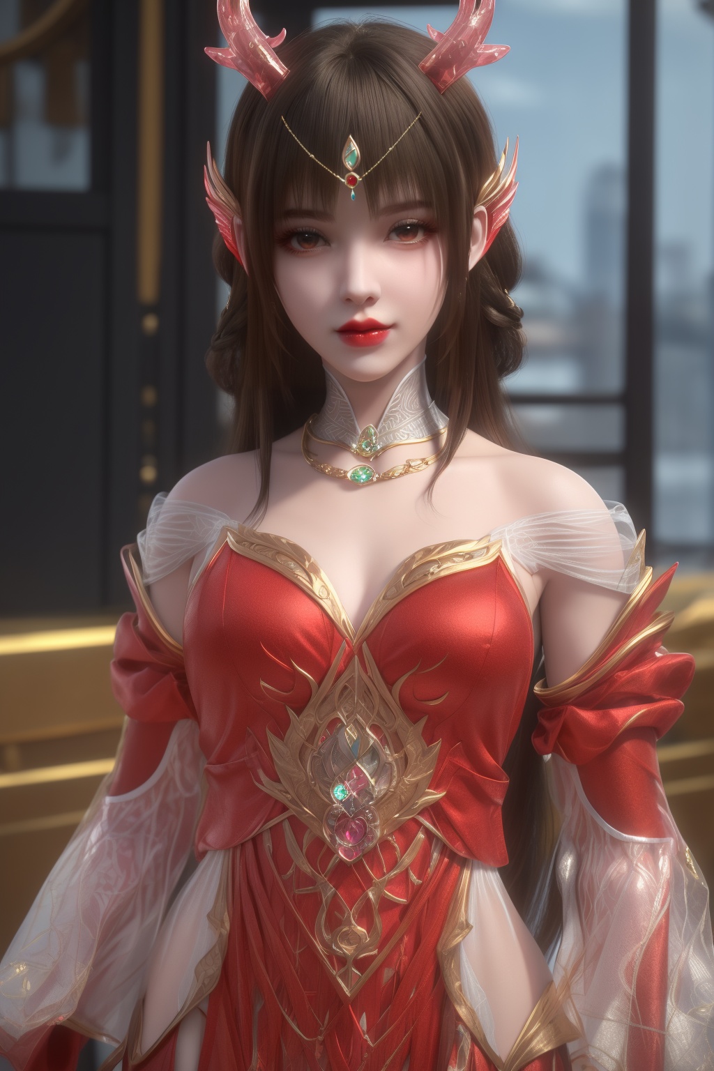 photo_\(medium\),(8k, RAW photo, best_quality),(masterpiece:1.2),(realistic:1.2),(photorealistic:1.3),(ultra-detailed),(extremely_detailed_cg_8k_wallpaper),(crystal_texture_skin:1.3),(shiny:1.2),(shiny_skin:1.4),(extremely_delicate_and_beautiful),shenfengYunLuoSecondClothing,white clouds,1girl,solo,dress,chinese clothes,detached sleeves,torogao,red lips,breasts,standing,jewelry,hair ornament,earring,necklace,realistic,looking at viewer,<lora:shenfengYunLuoSecondClothing_20240626142345-000004:0.7>,