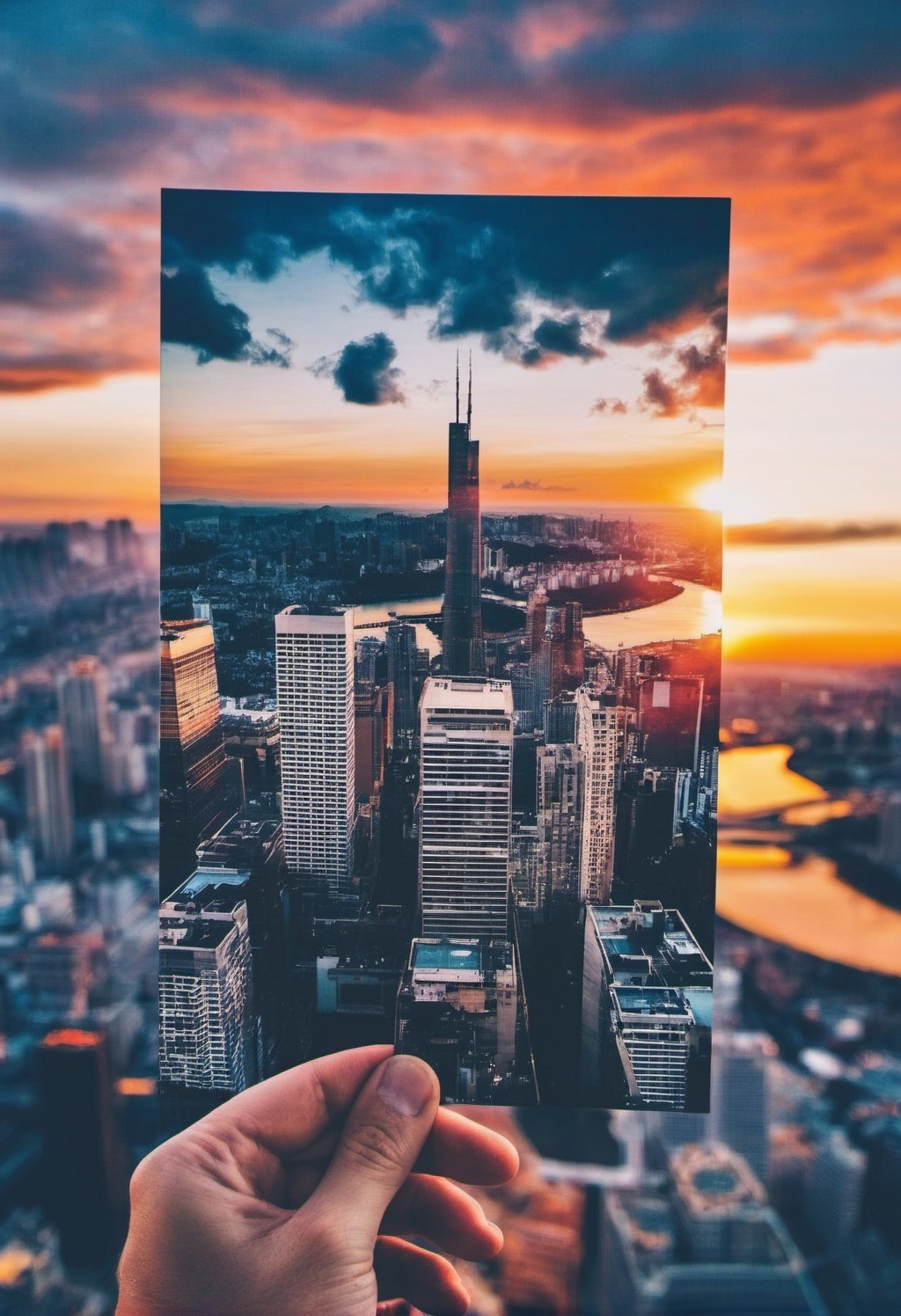 Hand,  Holding a photo,  the photo shows urban scenery on Tensor.Art