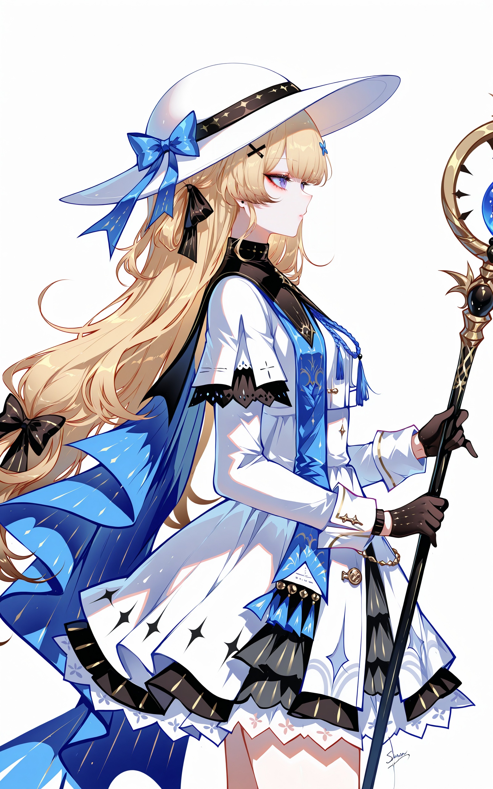 Phoebe\(wuthering waves\),1girl,gloves,blonde hair,long hair,solo,hat,black gloves,holding,bow,white headwear,white background,staff,long sleeves,profile,from side,hair bow,skirt,dress,holding staff,black bow,hair ornament,white dress,blue bow,black skirt,cowboy shot,simple background,<lora:xl-ill-Phoebe(wuthering waves)_v1-000008:0.8>,sheya,