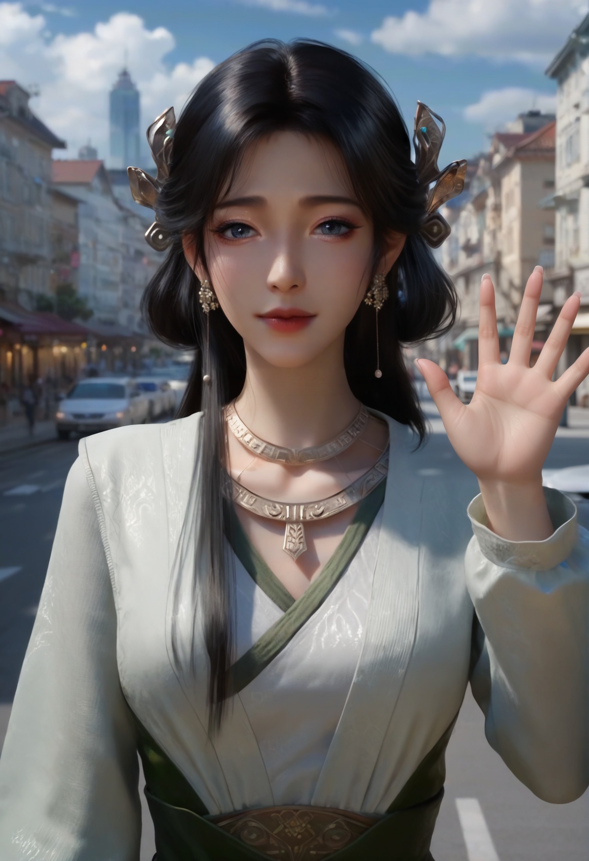 (score_9),<lora:梅凝1-Apony:0.85>,mn,(mature_female:1.1),solo,hair ornament,long hair,black hair,jewelry,earrings,necklace,long long sleeves,<lora:perfect eyes_v1:0.8>,front view,bright pupils,<lora:Expressive_H-000001:0.8>,(waving:1.1),upper body,(glamor:1.2),collarbone,pointy breasts,puffy breasts,large breasts,narrow waist,curvy,outdoors,street,blue sky,blur background,building,city,cloud,cloudy sky,day,depth of field,(white_skin:1.1),(fair_skin:1.1),