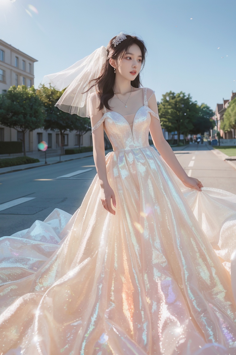 (masterpiece:1.3),(best quality:1.3),(photorealistic:1.4),see-through,midriff,pantyhose,(large breasts:1.2),yaosi,(street:1.4),(ultra detailed:1.3),unity 8k wallpaper,realistic,1girl,beautiful,smile,Big eyes more details,hair in the back of the head,a pearl necklace around the neck,(wedding dress:1.4),bright color,standing on the lawn,blue sky,floret,white clouds,soft light,early summer at seven in the morning,Jewelry,necklace,(8k, RAW photo, best quality, masterpiece:1.2),(realistic, photo-realistic),professional lighting,photon mapping,radiosity,Extreme Light and Shadow, <lora:YG彩虹糖纱婚纱:1>,