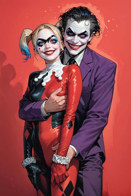 score_9, score_8_up, score_7_up, score_6_up, content_explicit, source_anime, high quality, high contrast, realistic, Joker and harley quinn,  duo focus, 1girl, white skin, domino mask, blue eyes, black lips, white jester collar, black bodysuit, red bodysuit,multicolored clothes, young woman, cute face, smile, torn clothes, groping from behind, 1boy, Joker, size difference, joker \(dc\), male standing behind female, size difference, height difference,<lora:incase_2024_new_style_upscaled_with_big_images:0.4> <lora:checkpoint-e18_s684:0.8> <lora:thejokerXLP:0.3>, red background, color splash, simple background, looking at viewer, <lora:bold-16oa:1>, bokeh,  <lora:sagging_breasts_XL_V3:0.8> s(agging breasts:0.8), small breasts,