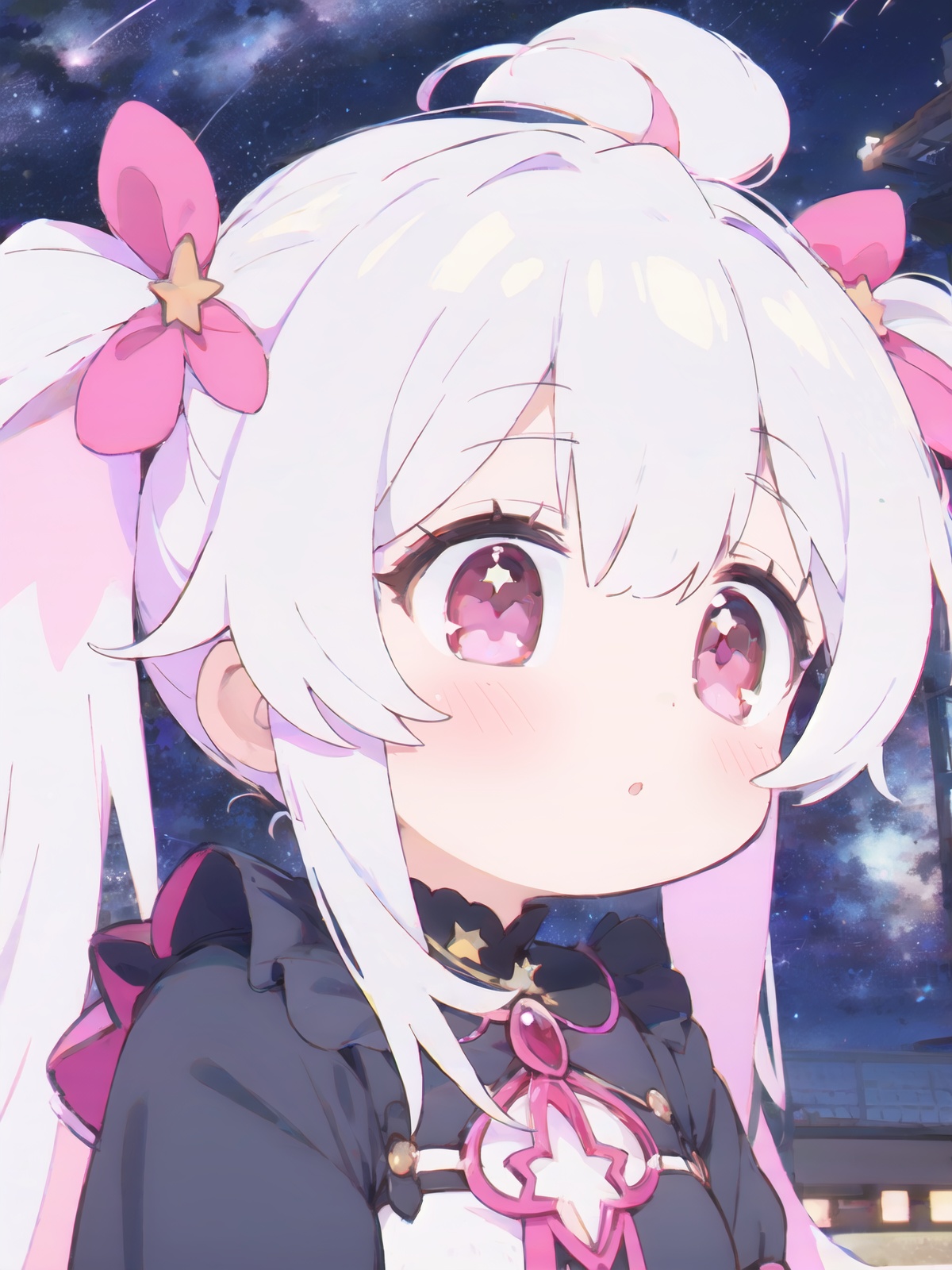 white hair,pink eyes,cure lovely,fine art,twintails,starry sky,, (masterpiece,best quality,ultra_detailed,highres,absurdres:1.2)