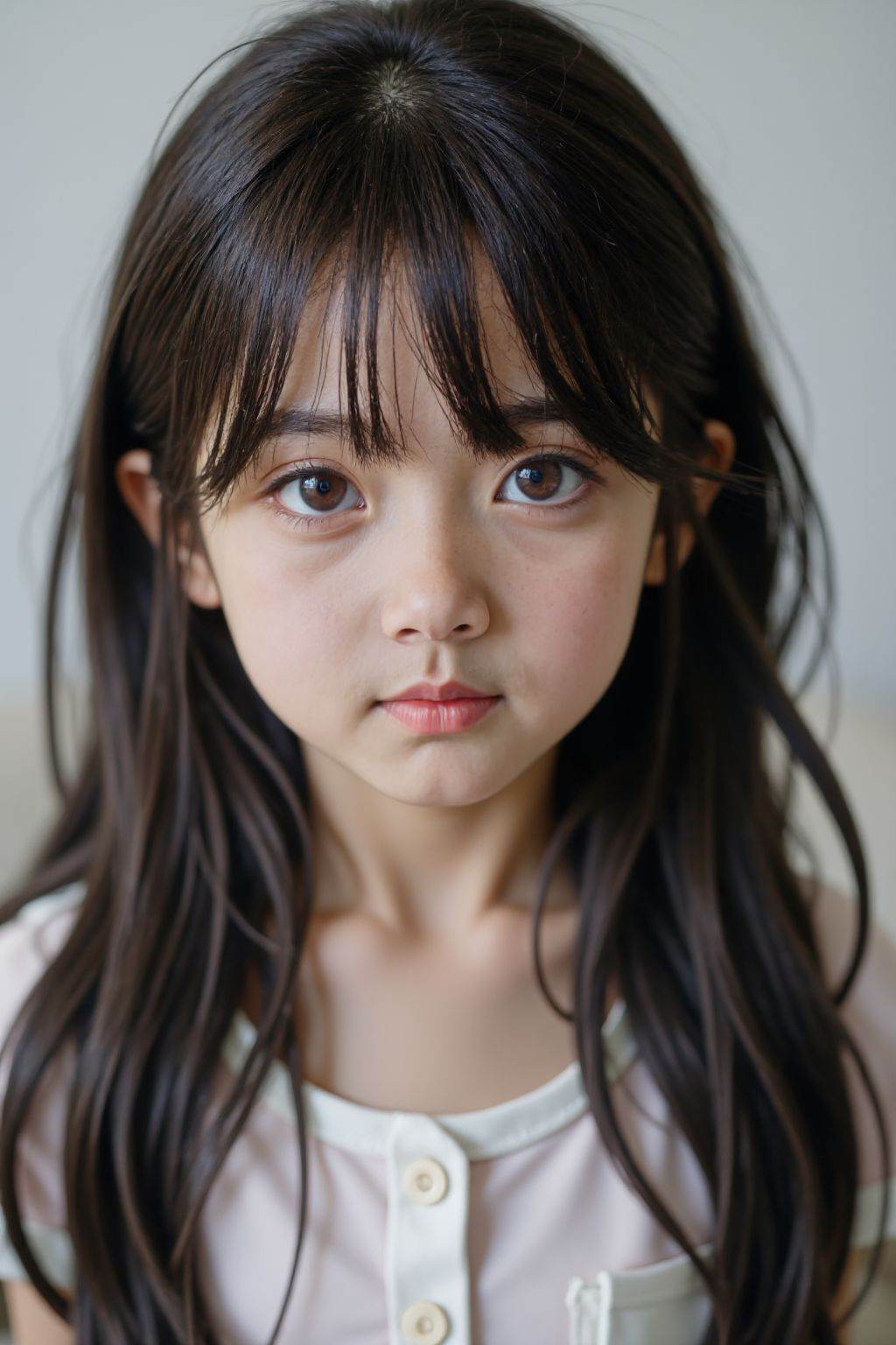 HDR photo of cinematic film still <lora:20250524_AgainCharactersF1Lora:0.8>, 5 y.o. young girl,solo,looking at viewer,black hair,brown eyes,portrait,close-up,realistic,white background, . shallow depth of field, vignette, highly detailed, high budget, bokeh, cinemascope, moody, epic, gorgeous, film grain, grainy . High dynamic range, vivid, rich details, clear shadows and highlights, realistic, intense, enhanced contrast, highly detailed