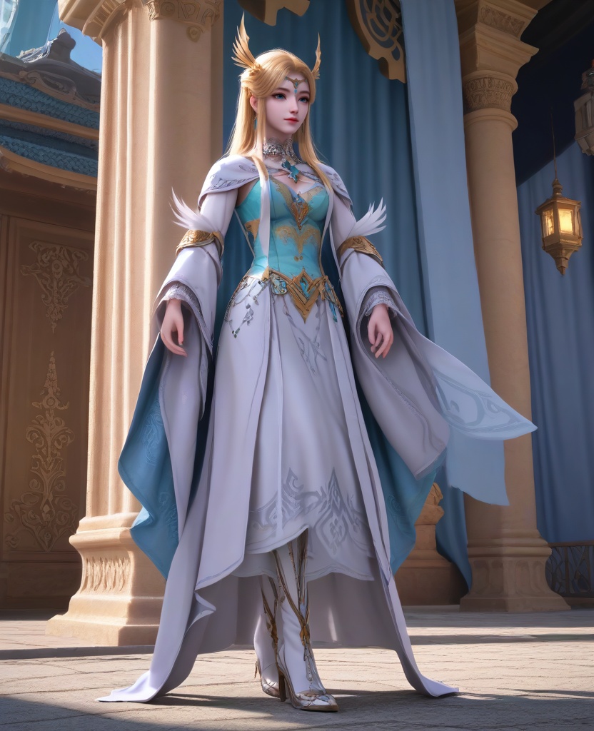 (oriental architecture, elegant decor, sophisticated style:1.1),(standing in an s-shape:1.1),(breasts:1.2),<lora:XL16长夜开拓者圣女维罗妮卡:0.95>,miss veronica,blue corset dress,blue eyes,blonde hair,half-up ponytail with hair over shoulder,hair ornament,jewelry,choker,tiered sleeves,earrings,cape,white dress hem,white high heel boots,, score_9,score_8_up,score_7_up,score_6_up,score_5_up,score_4_up,3d rendering,tag1,tag2, Cinematic Lighting,backlighting,