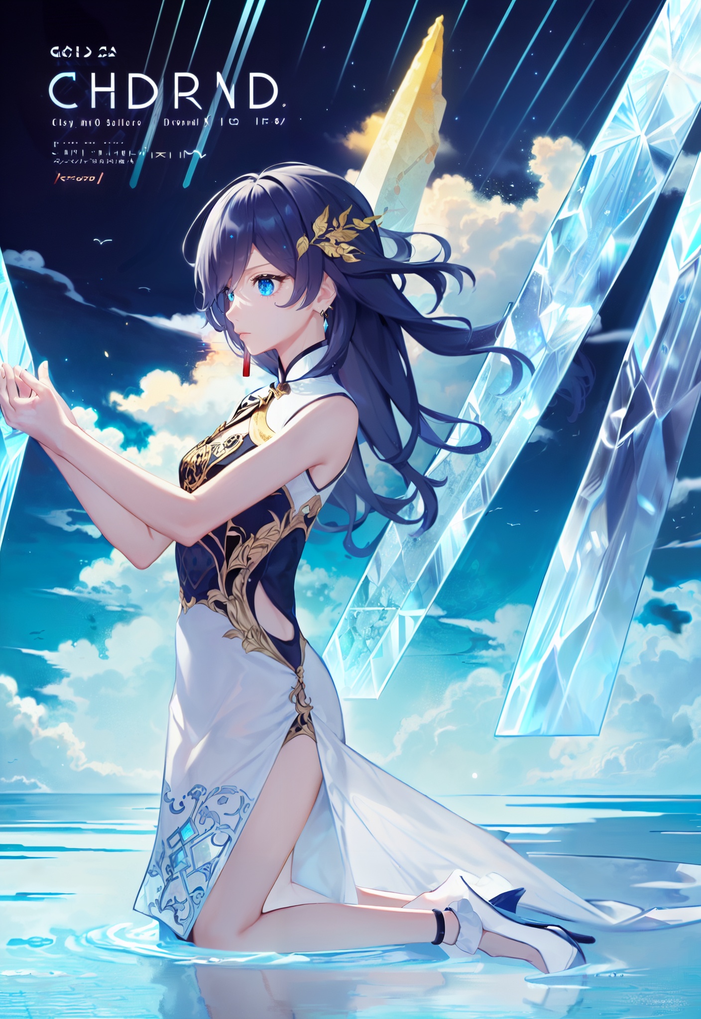 simple_white_background,golden and white theme,Sense of coordination,sense of order,mathematics beauty,(cover design),(cover art),((trim)),album_art,official art,(Master's work),full body,( closeup, 1girl,solo:1.2),<lora:qingyan-v100-000022:0.8:lbw=OUTALL>,qingyan,1girl,fu hua,chinese clothes,blue eyes,short china dress,lhair ornament,black hair,bangs,bare hands,sleeveless,blue eyes,cloud,sky,leaf,Cloud patterns,Chinese pattern,white geometry,colorful geometry,reflection,crystal_art,pattern_design,creative,Mystery pattern,colorful crystal decorate,blue crystal,(architectural art),((geometric art)),pattern design,creative,shine,dream,fly in sky,swim in cloud,------,Low saturation,grand masterpiece,Perfect composition,film light,light art,