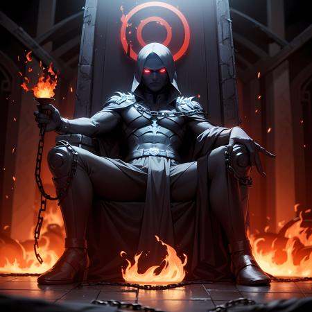 ((masterpiece, best quality)),solo, full body,  1boy, demon, throne,  <lora:SittingOnThrone1:0.8>,glowing eyes, dark-skinned male, fire, lava, halo, chain, ominous