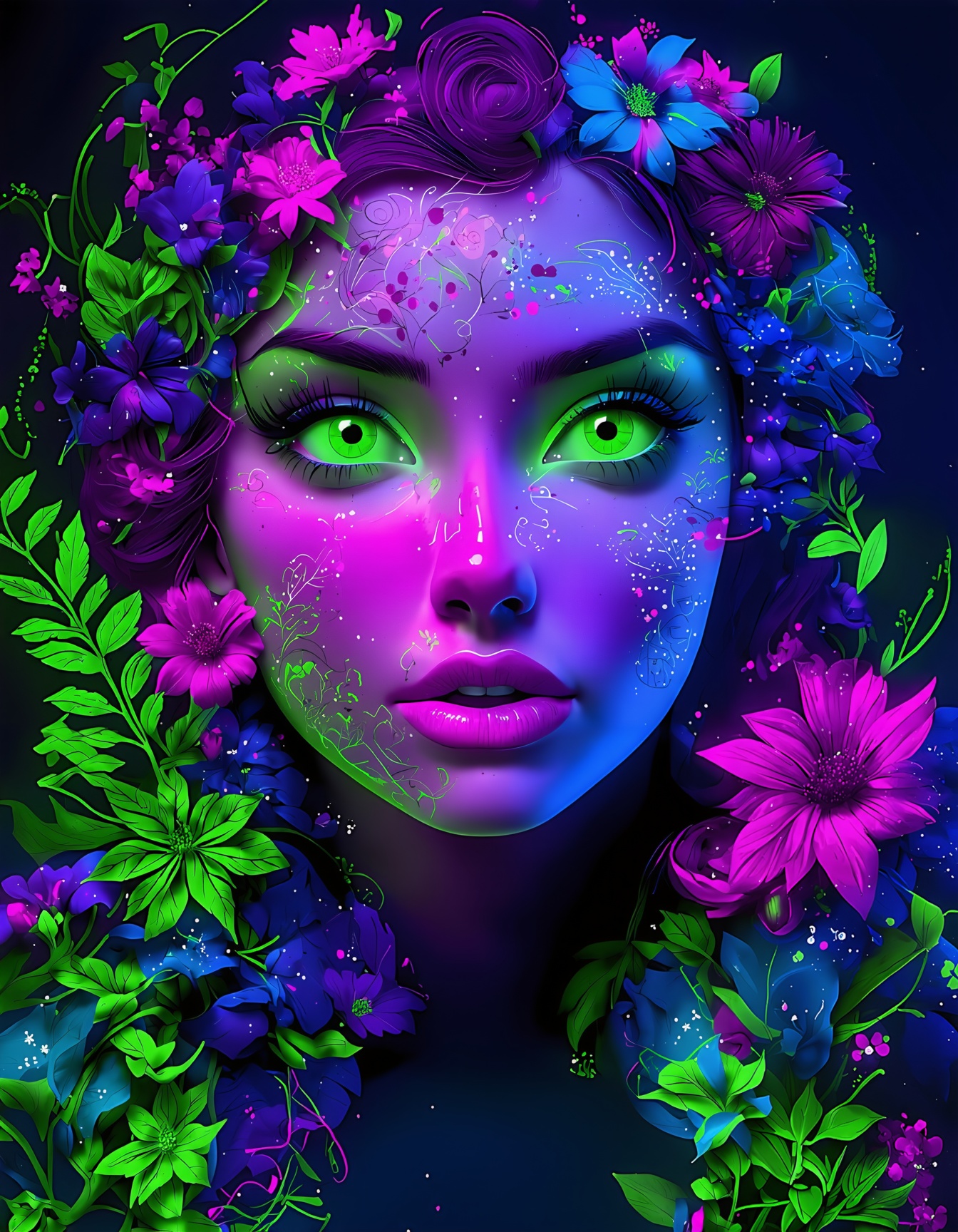 A vibrant and hyper-detailed portrait of a woman's face illuminated with neon light. Her face is adorned with intricate,...