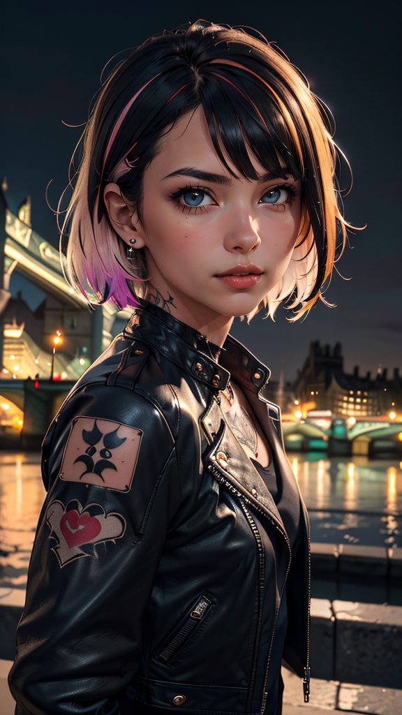 raw portrait photo of Punk Girl,  very short multicolored hair,  in high detailed textured (black leather jacket) on Tenso...