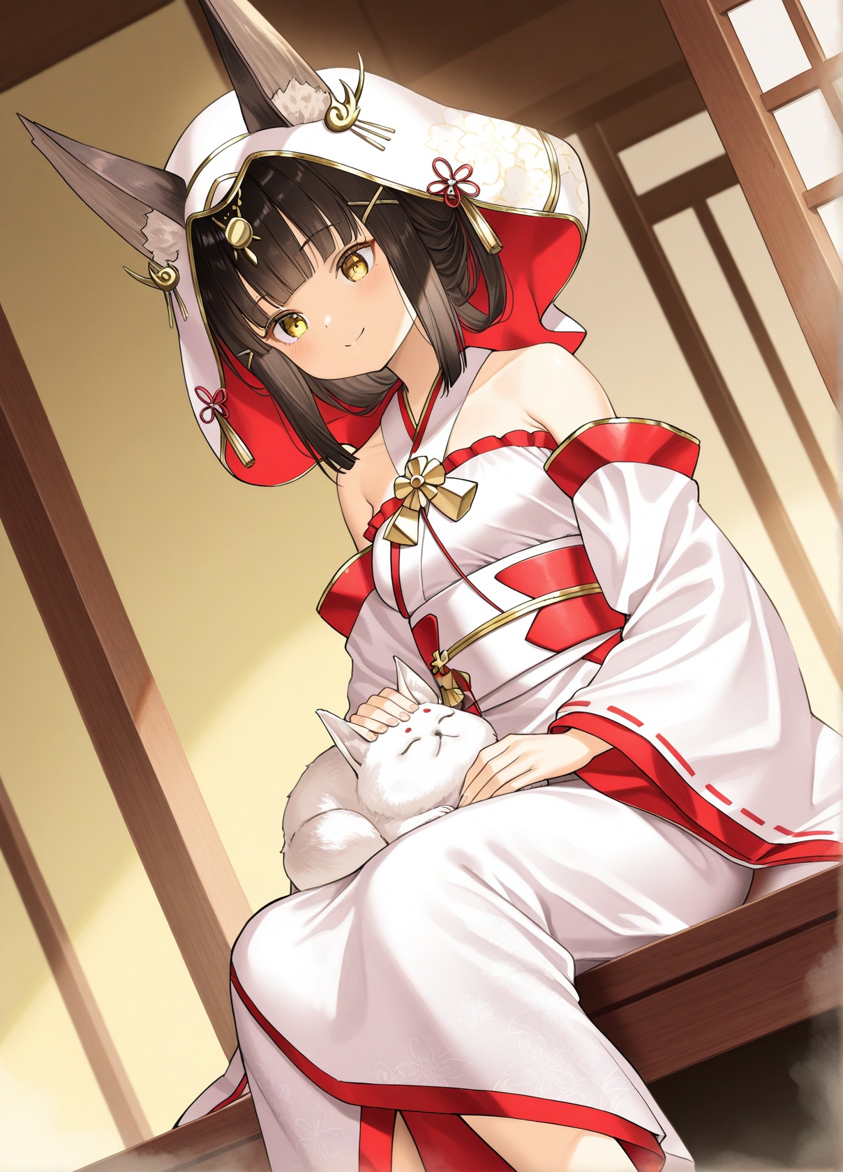 <lora:nagato_IL_v1.0:1>,nagato \(great fox's white gown\) \(azur lane\),uchikake,(kuroi suna:0.7),smile,animal on lap,solo,dutch angle,sitting,, masterpiece,best quality,