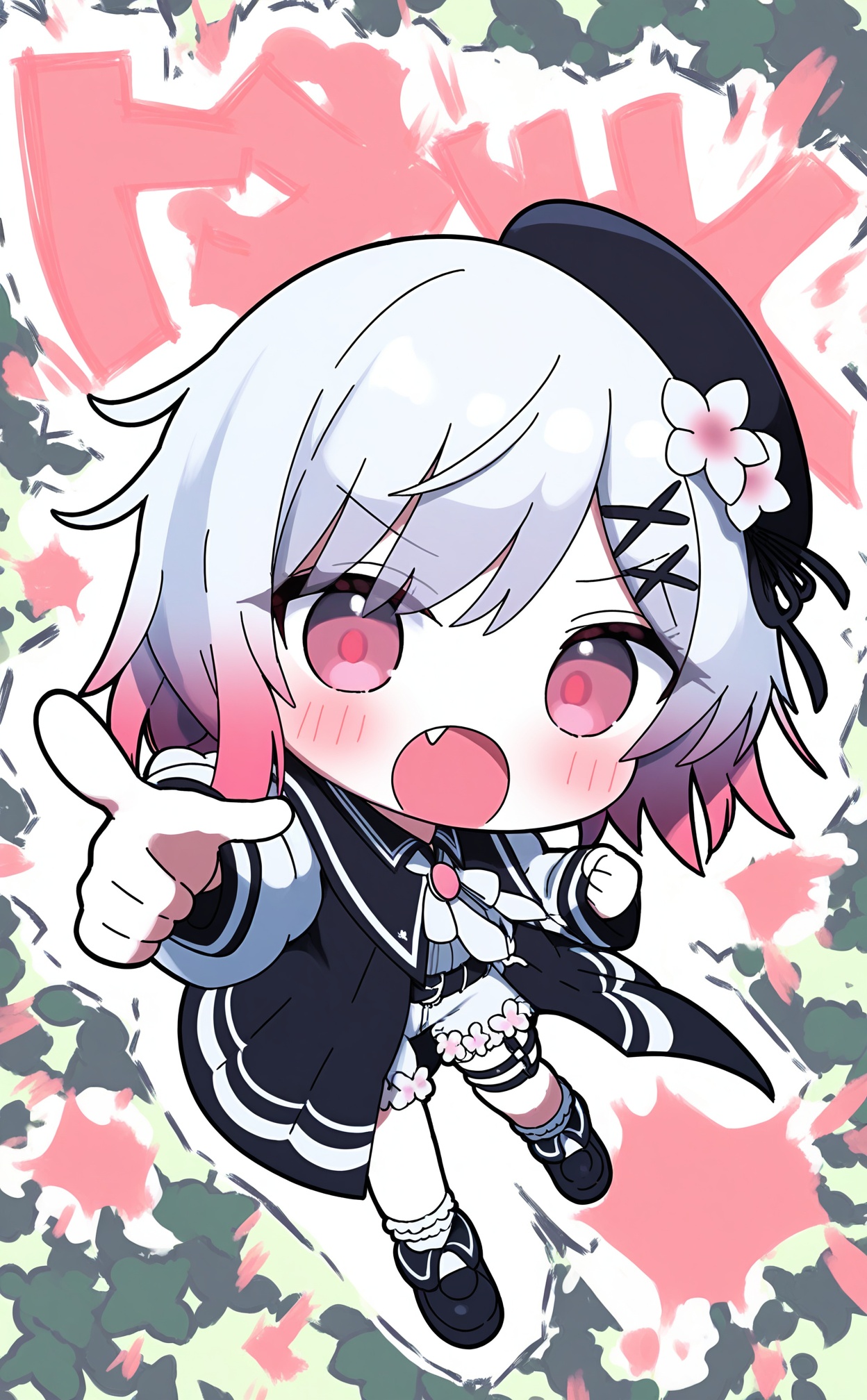 masterpiece,absurdres,best quality,loli,petite,high quality,//,1girl,beret,black_hat,black_shoes,chibi,chibi_only,fang,flower,full_body,gradient_hair,hair_flower,hair_ornament,haruno_ichigo,hat,long_sleeves,looking_at_viewer,mahou_shoujo_no_majo_saiban,multicolored_hair,open_mouth,outline,pink_eyes,pink_hair,pointing,pointing_at_viewer,sakuraba_ema,shoes,short_hair,shorts,solo,standing,thigh_strap,white_flower,white_hair,white_outline,white_shorts,x_hair_ornament,//,<lora:sakuraba_ema——【noob】hans:1>,