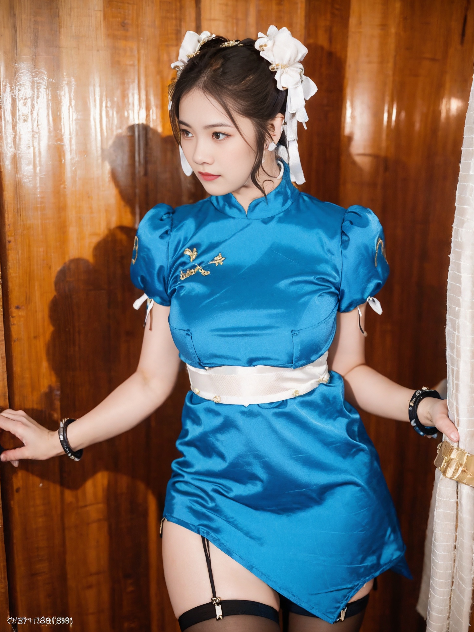 large break,(best quality), ((masterpiece)), (highres), illustration, original, extremely detailed, 1girl, solo, long hair, thighhighs, chun li, spiked bracelet, sash, brown pantyhose,brown eyes, short hair, brown hair, double bun, bun cover, blue dress, pelvic curtain