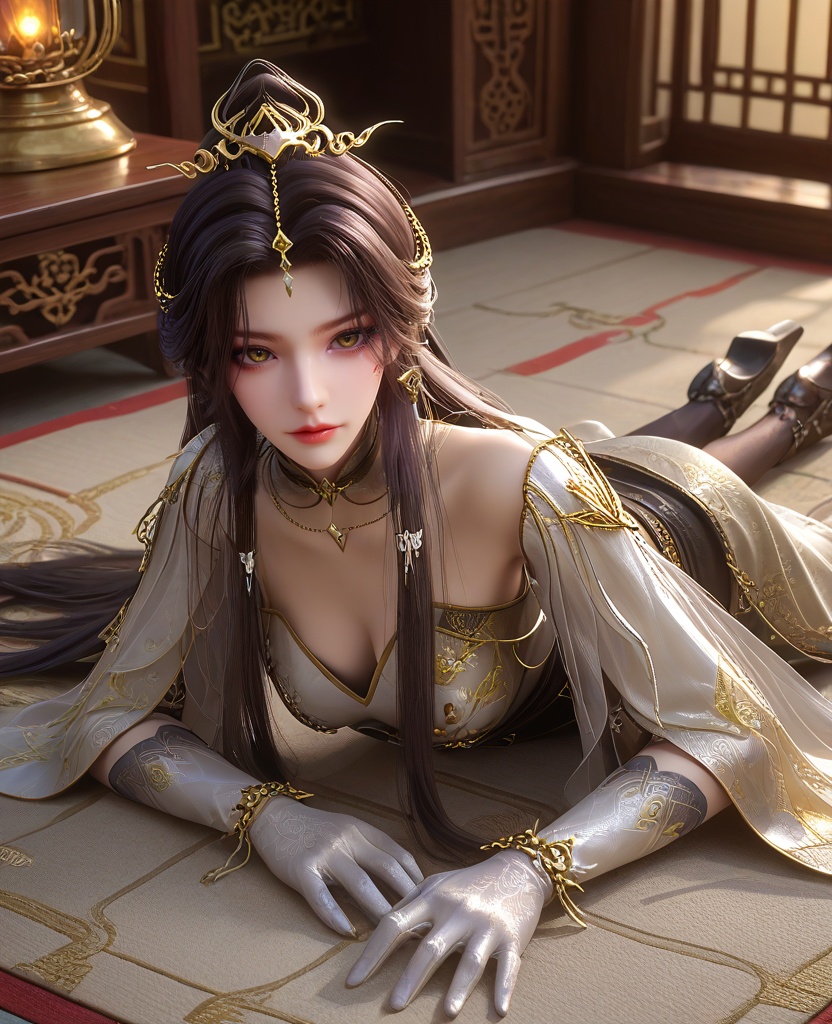 (oriental architecture, elegant decor, sophisticated style:1.1),(Lying on front with upper body elevated,:1.1),(Bird’s-eye view:1.1),(large breasts:1.2),<lora:XL16云深不知梦羲和白色战斗服:0.95>,miss xihe,silvery white tiered dress,shawl,yellow eyes,facial mark,black hair,absurdly long hair,traditional chinese updo with long front strands,hair ornament,jewelry,sash,gloves,tights with attached boots,, score_9,score_8_up,score_7_up,score_6_up,score_5_up,score_4_up,3d rendering,tag1,tag2, Cinematic Lighting,backlighting,
