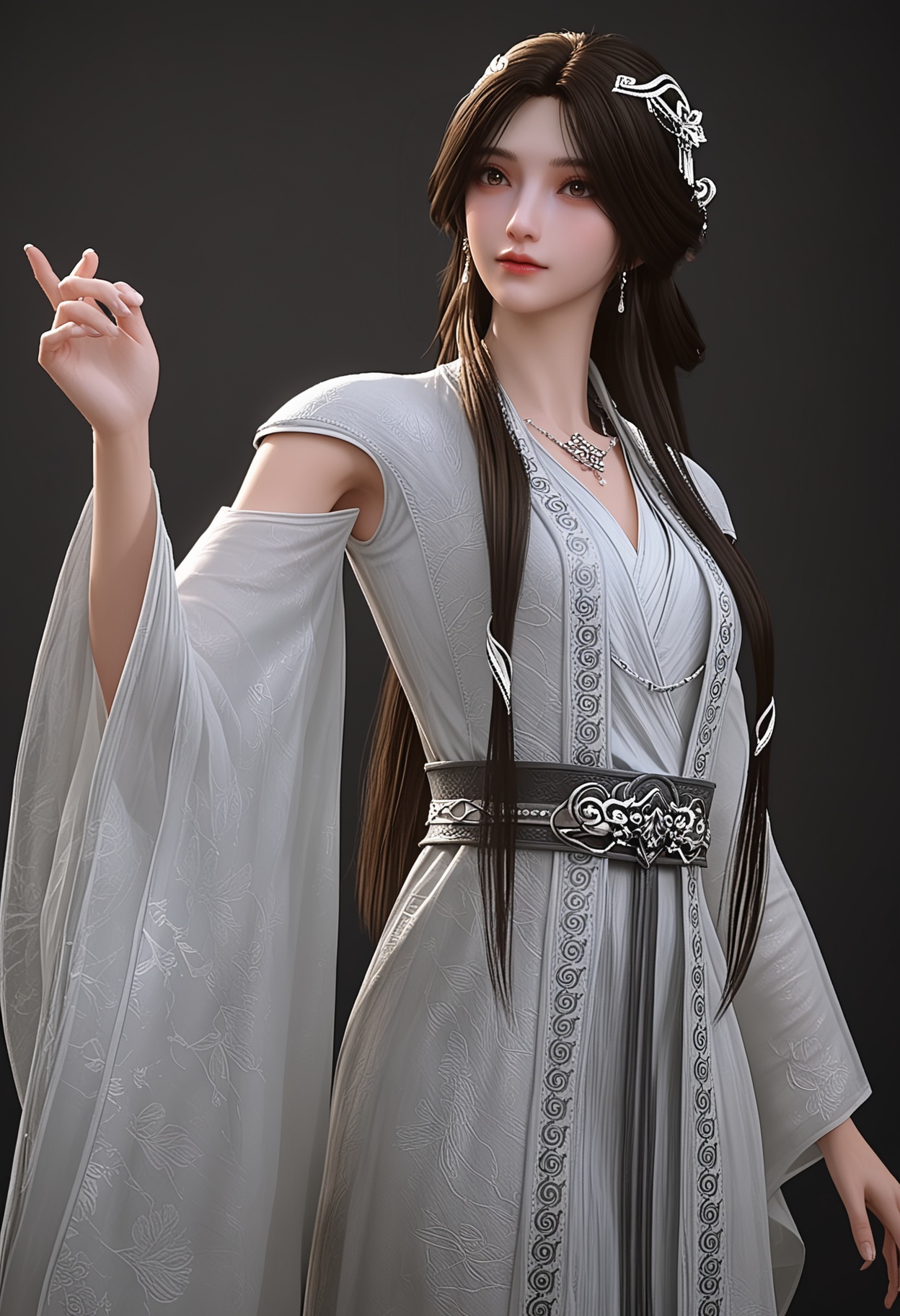 (cowboy shot:1.2),score_9,score_8_up,masterpiece,(best quality),intricate details,facing viewer,(looking at viewer:1.1),<lora:YQ_pony_yuxin2.0_V4:0.8>,q1528437228,1girl,solo,long hair,hair ornament,jewelry,earrings,dress,brown hair,white dress,necklace,black hair,brown eyes,chinese clothes,long sleeves,detached sleeves,wide sleeves,hair bun,BREAKscore_9,score_8_up,masterpiece,(best quality),perfect anatomy,(hourglass),perfect face,(simple background,pure black background,black background:1.1),fair_skin,shiny_skin,Ivory_skin,