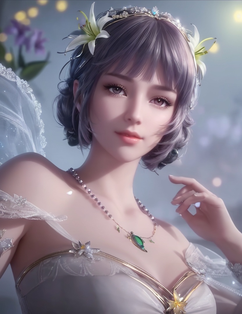 ultra realistic 8k cg, picture-perfect face, flawless, clean, masterpiece, professional artwork, famous artwork, cinematic lighting, cinematic bloom, perfect face, beautiful face, fantasy, dreamlike, unreal, science fiction,   lace, lace trim, lace-trimmed legwear,  (rich:1.4), prestige, luxury, jewelry, diamond, gold, pearl, gem, sapphire, ruby, emerald, intricate detail, delicate pattern, charming, alluring, seductive, erotic, enchanting, hair ornament, necklace, earrings, bracelet, armlet,halo((,1girl, pov,))  ((, 1girl, solo, star_\(symbol\),lily \(flower\),hair flower, dress, jewelry))<lora:DA_BaiChenXiang:0.6>