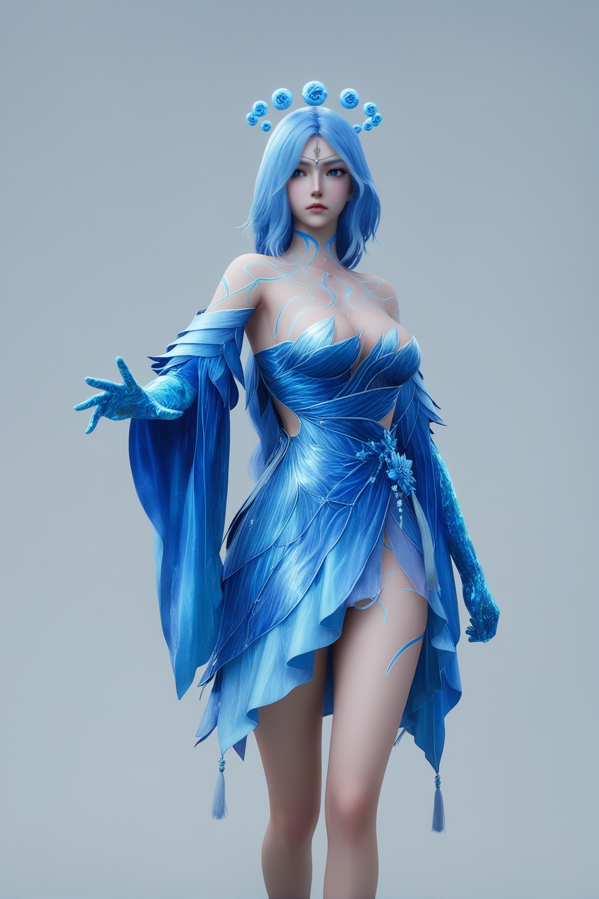 masterpiece,best quality,realistic,cinematic,detail eyes,(ultra-detailed),perfect composition,intricate details,absurdres,detailed face,high quality,high res,8K,<lora:X_lishaoying_gj_IL3.0:0.8>,blue hair,blue eyes,1girl,long hair,breast,medium breast,hair_ornament,dress,blue_dress,bare_legs,tattoo,simple background,cowboy_shot,