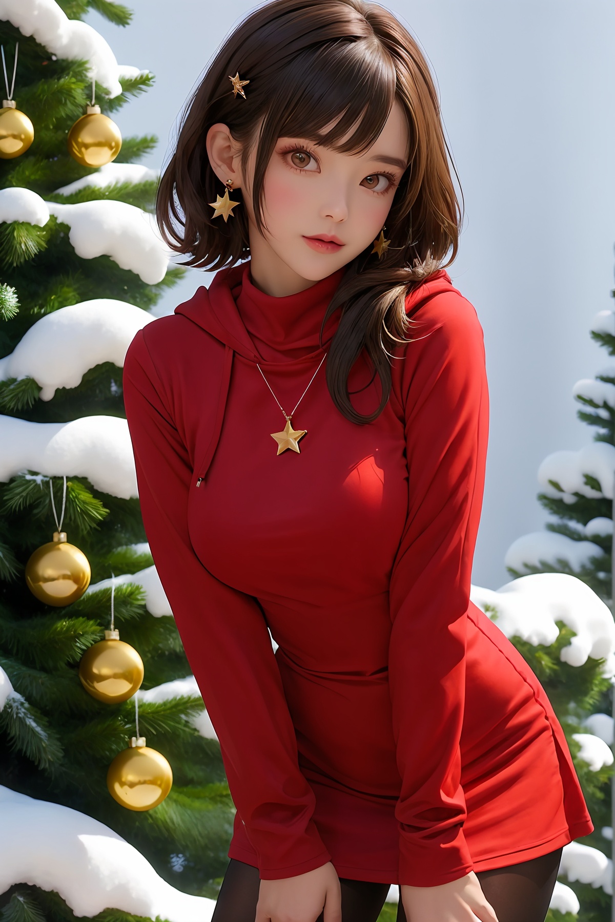 1girl,solo,pantyhose,earrings,looking at viewer,jewelry,dress,christmas,christmas tree,christmas ornaments,red dress,breasts,long sleeves,bangs,fur trim,black hair,snow,brown eyes,black pantyhose,pom pom (clothes),cowboy shot,hair ornament,closed mouth,turtleneck,brown hair,standing,medium hair,hand on own thigh,hood,bow,leaning forward,medium breasts,tree,short hair,fur-trimmed dress,santa costume,hood down,short dress,star (symbol),<lora:shengdan:0.4>,normal fingers,