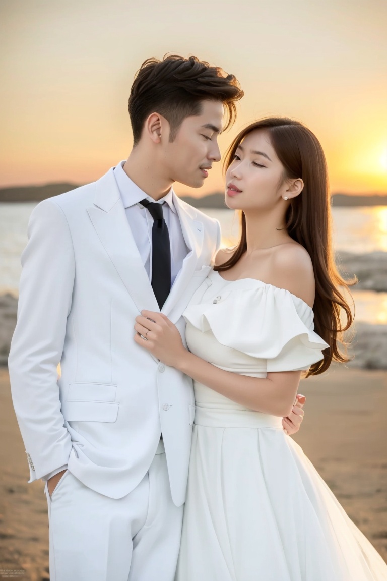 ((HRD, HUD, 8K)),((masterpiece, best quality)), highly detailed, soft light,WEDDING, 1girl, 1boy, necktie, formal, suit, brown hair, realistic, long hair, dress, closed eyes, black hair, looking at another, simple background, shirt, off shoulder, white dress, bare shoulders, white suit, lips, brown eyes, <lora:20240407-1712491685411:0.8>