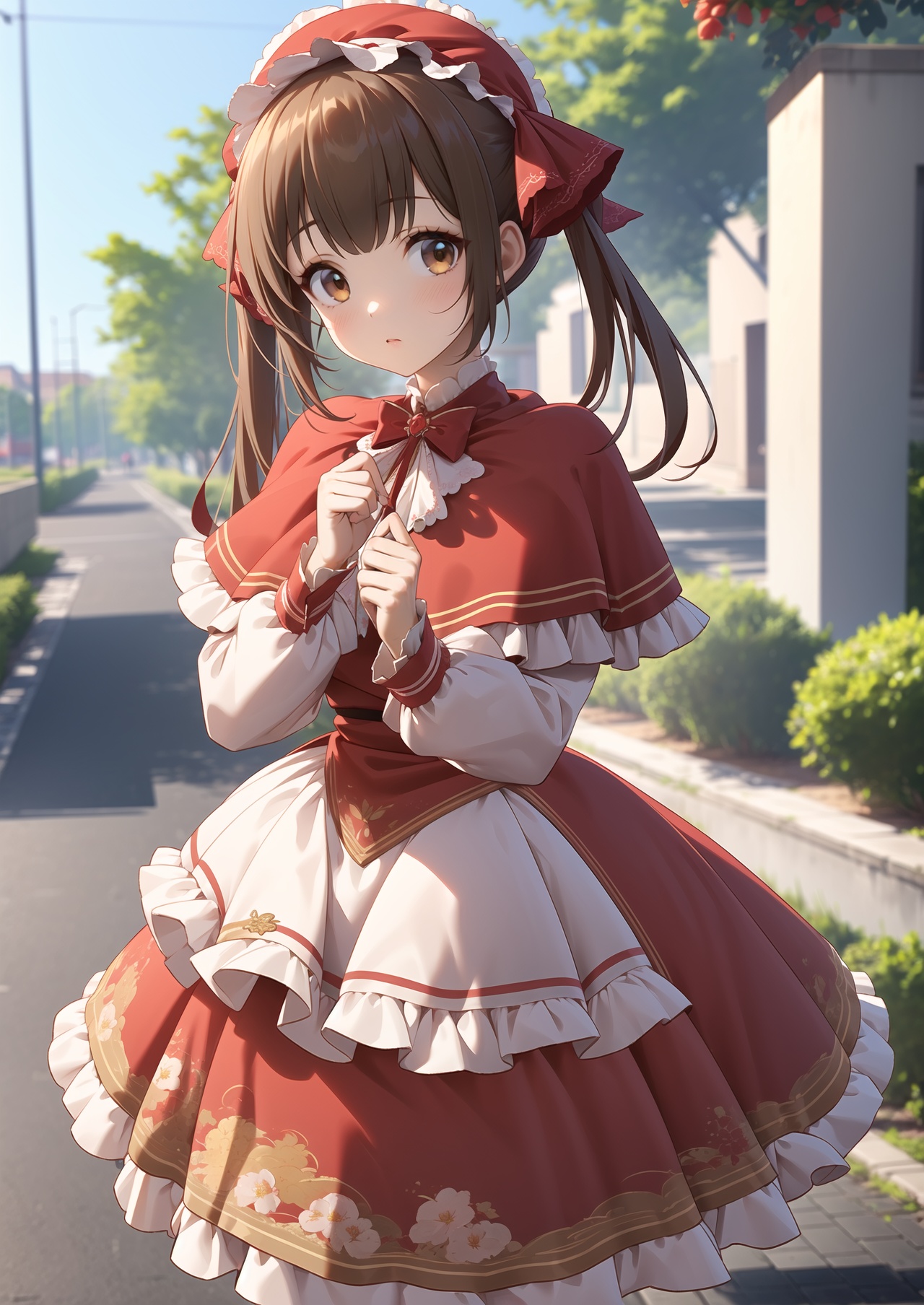 masterpiece,best quality,1girl,solo,brown hair,dress,twintails,brown eyes,blurry,blurry background,lolita fashion,baguette,long sleeves,looking at viewer,red dress,long hair,outdoors,capelet,floral print,hairband,red capelet,bow,frills,